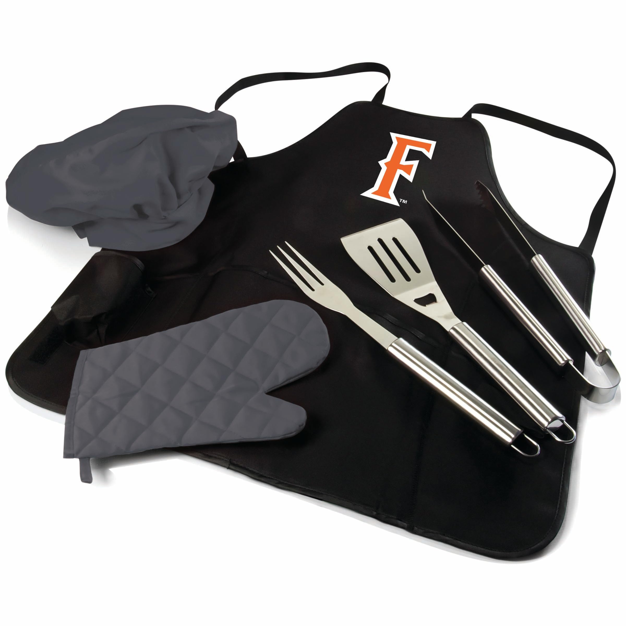 PICNIC TIME NCAA Cal State Fullerton Titans Heavy Duty BBQ Apron & Grill Set for Men - Professional Cooking Apron with BBQ Tools & Accessories (Black/Gray) - Perfect for Tailgating, Backyard Grilling & Outdoor Cooking Parties