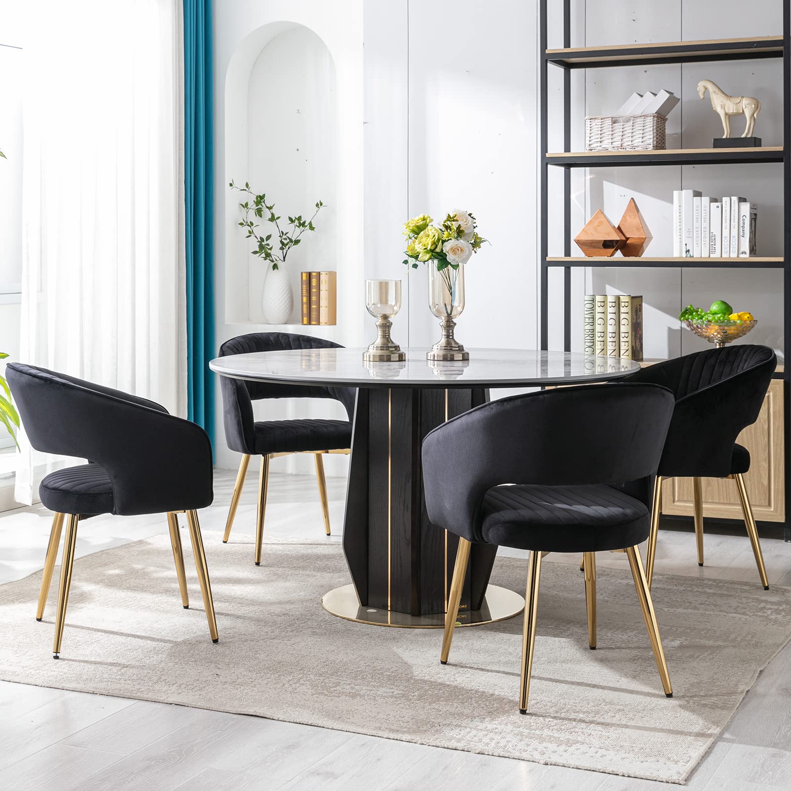 Guyou Black and Gold Velvet Dining Chairs Set of 4 - Modern Upholstered Accent Chairs with Hollow Back & Tufted Design - Elegant Armchairs for Living Room, Dining Room or Kitchen (4-Pack) - Perfect for Dinner Parties, Home Decor & Guest Seating