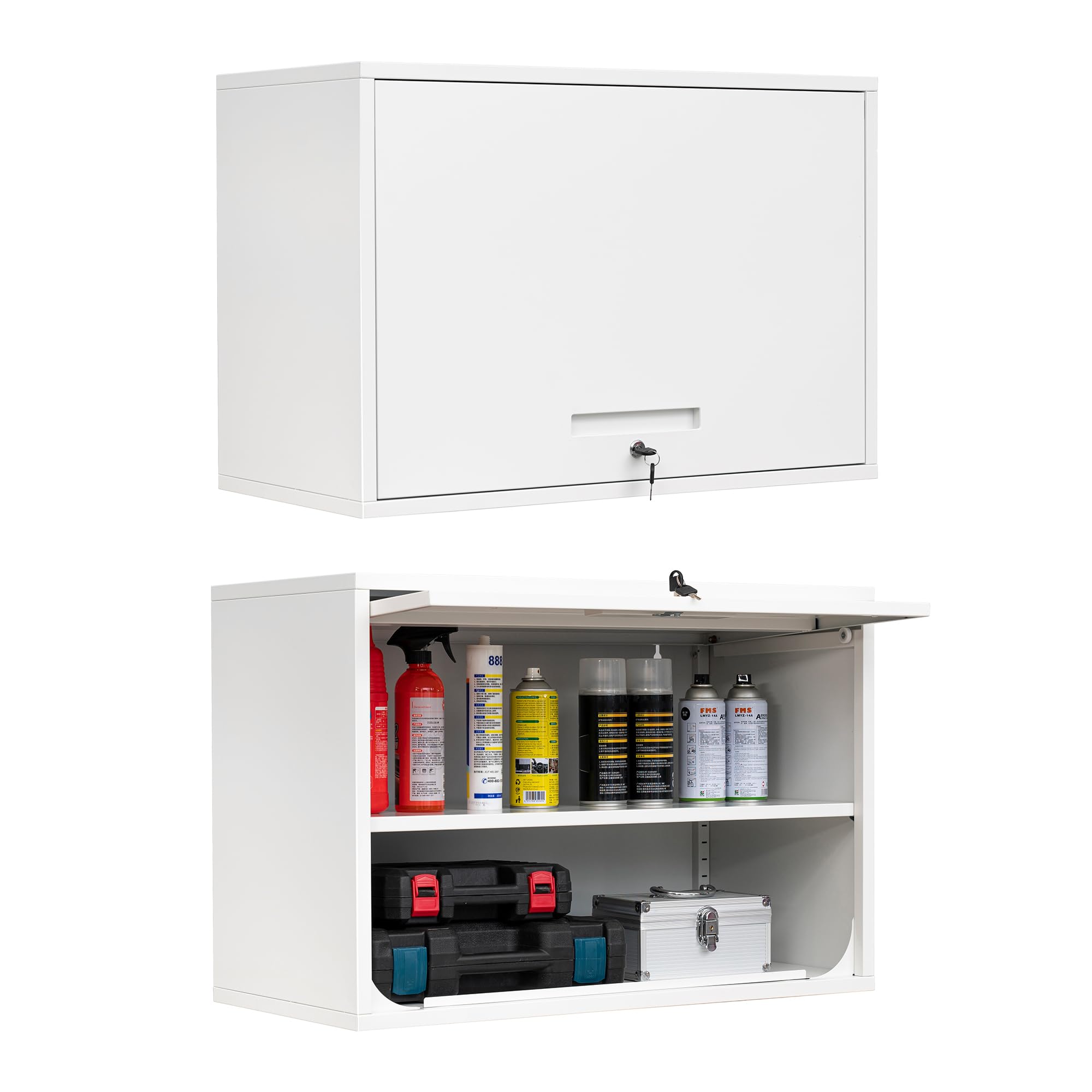 Metal Wall Storage Cabinet with Lock - 2 Shelves Garage Storage Organizer, Flip-Up Door Hanging Cabinet for Kitchen, Home & Workshop (White, 21.6