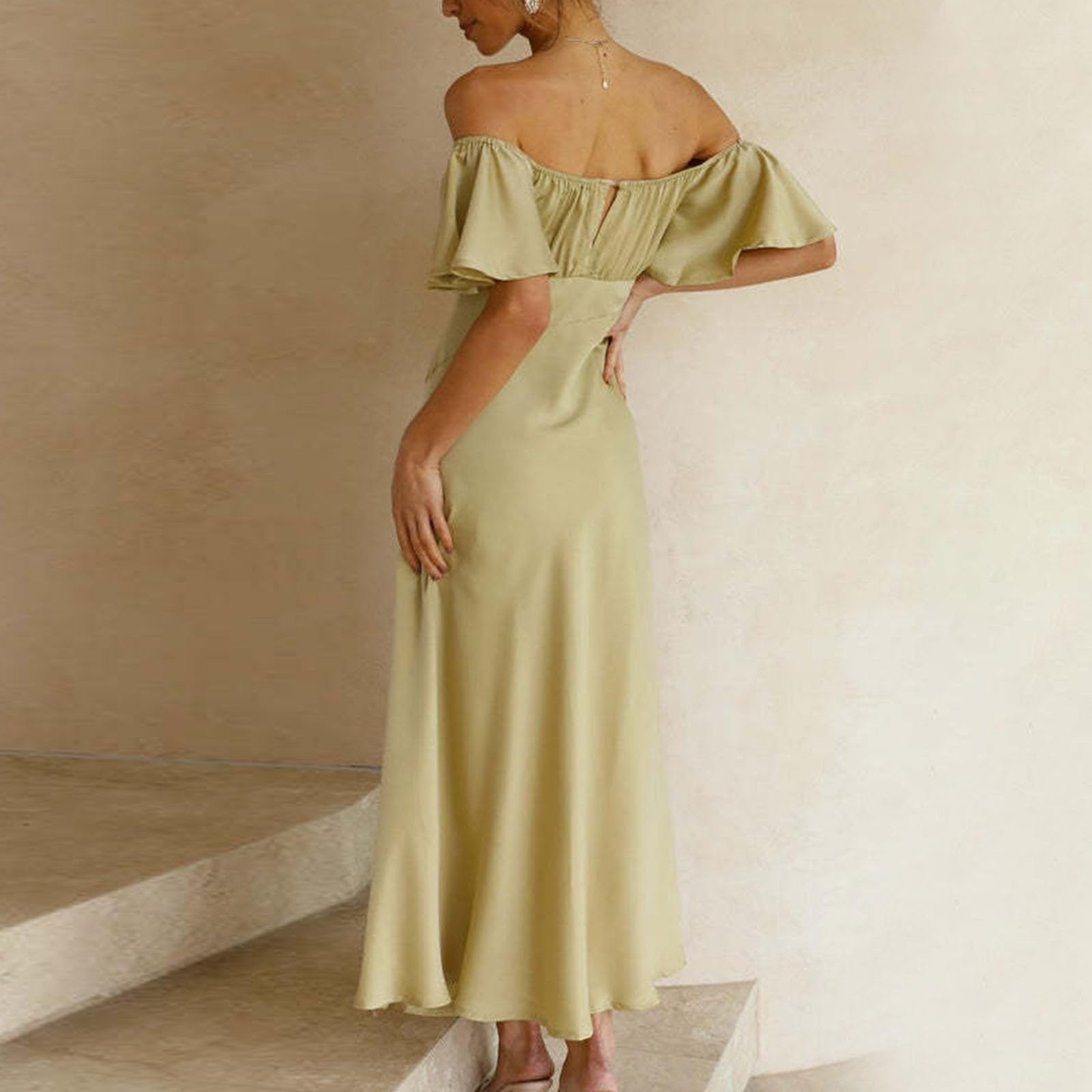 NATHGAM Women's Elegant Satin Off Shoulder Cocktail Dress with Butterfly Sleeves & Side Slit - Perfect for Summer Weddings, Formal Events & Prom Nights