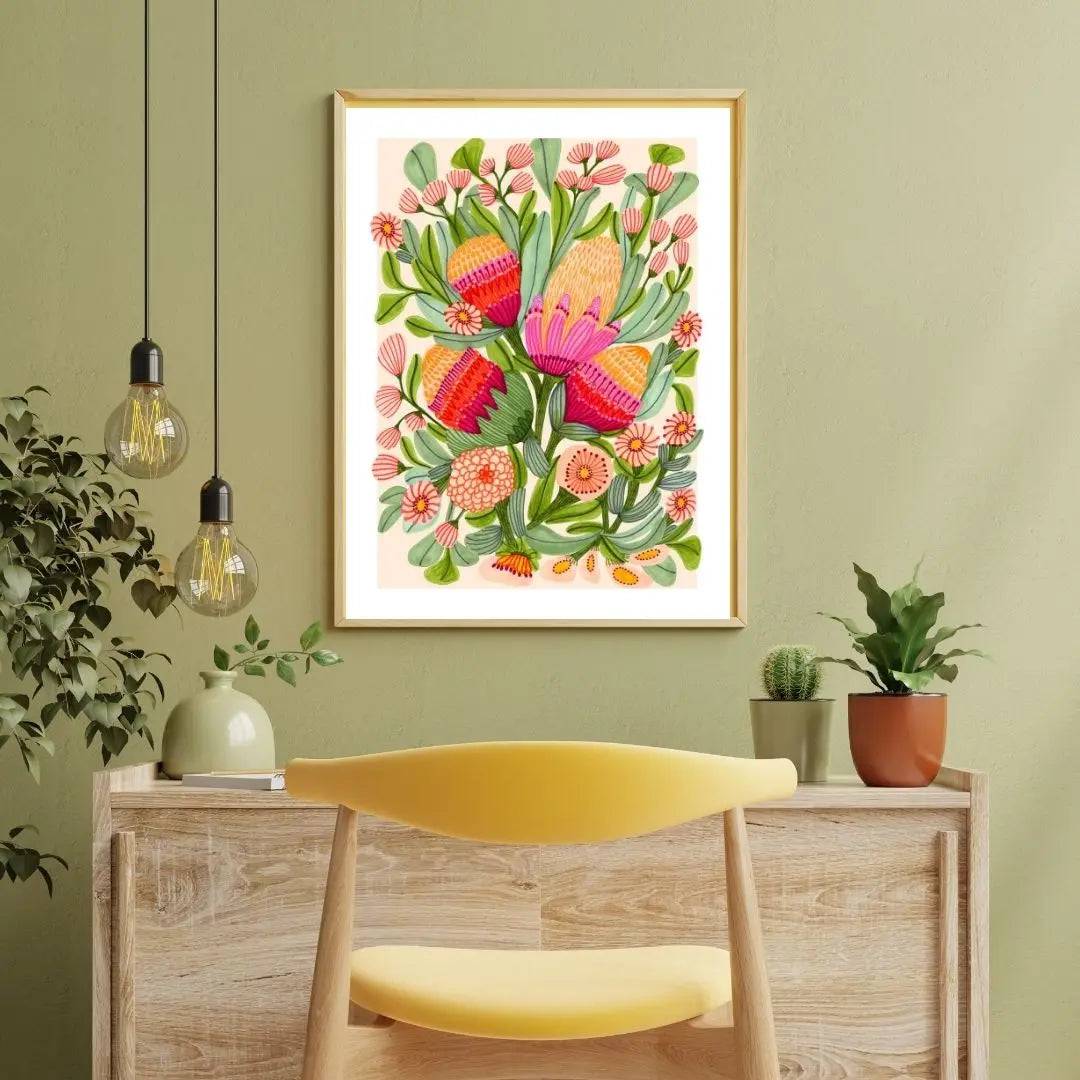 Protea & Gum Blossoms Botanical Art Print - Premium Floral Wall Decor for Living Room, Bedroom & Office | Nature-Inspired Home Decor Gift