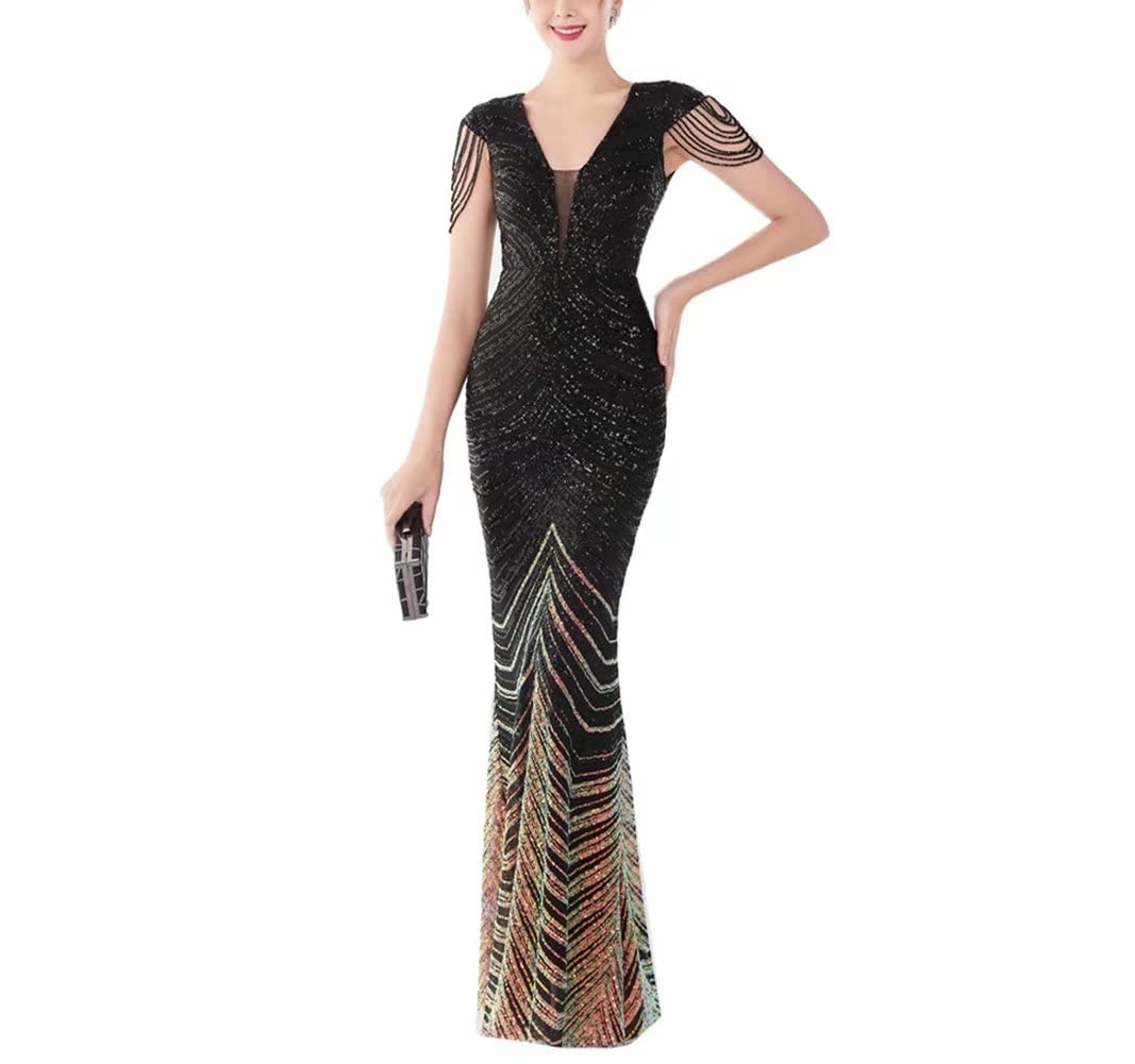Mordarli Women's V Neck Sequin Prom Dress Formal Gown Long Evening Dress with Crystal Beading - Elegant Party Gown for Homecoming, Prom Night, Wedding & Special Occasions 2023