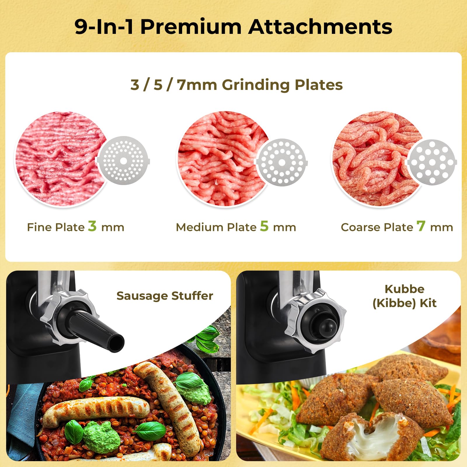 1700W Electric Meat Grinder - 9-in-1 Stainless Steel Food Processor with Sausage Maker & Kubbe Kit | Includes 3 Grinding Plates & Juicer Attachment | Perfect for Home Kitchen, BBQ, Meal Prep & Juicing