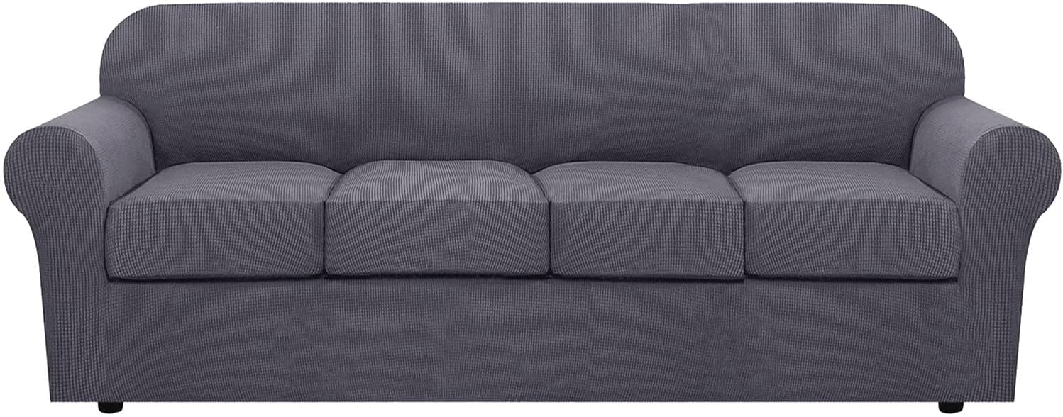 Soft Polar Fleece Stretch Sofa Slipcover with Elastic Band & Separate Seat Cushion Covers - Anti-Slip Living Room Couch Cover (Dark Grey, Large Sofa +4 Cushions) - Perfect for Home Decor, Pet Protection & Furniture Refresh