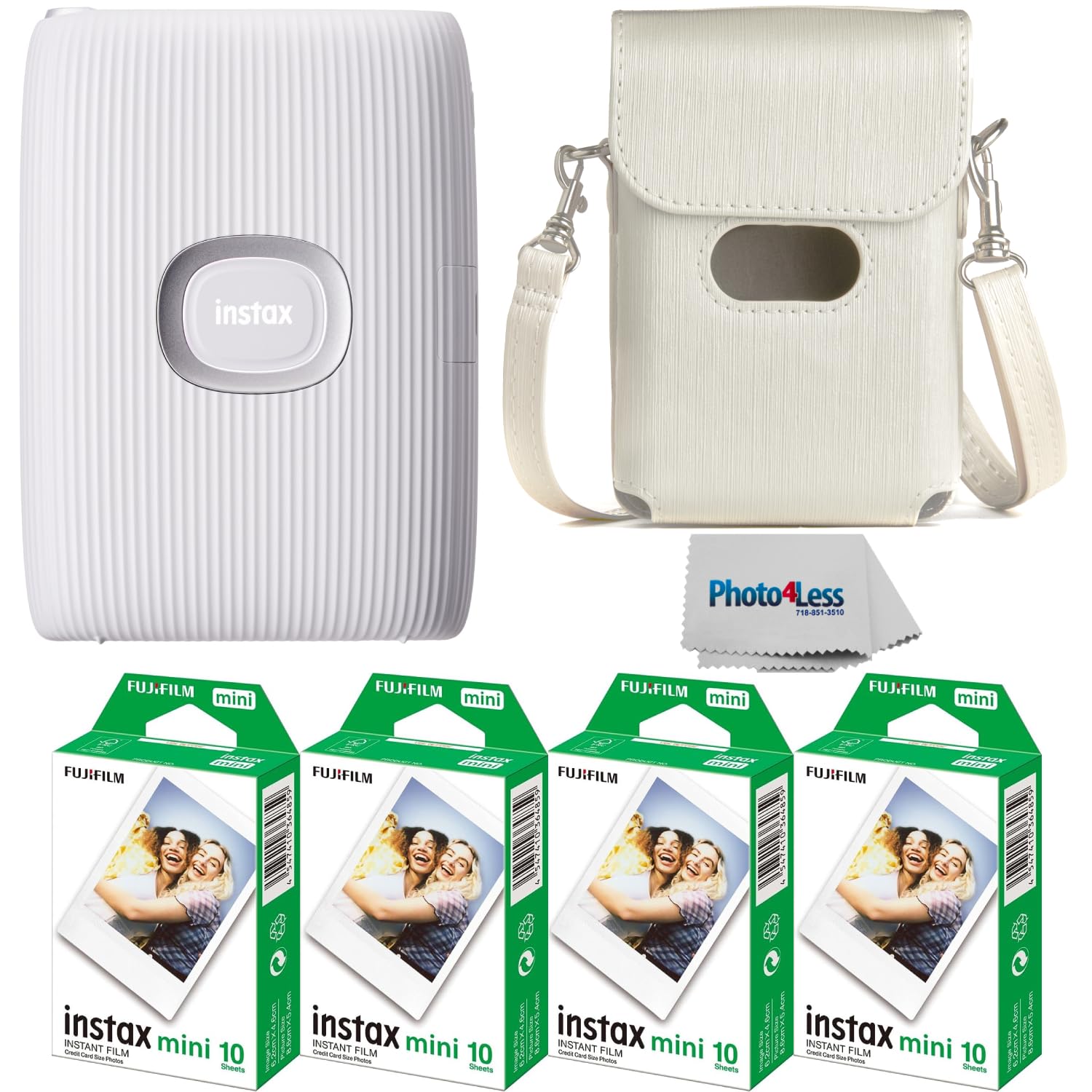 Fujifilm Instax Mini Link 2 Smartphone Printer in Clay White with 40 Sheets Fuji Instax Mini Film & Protective Case - Instant Photo Printing Bundle for Travel, Parties, and DIY Scrapbooking