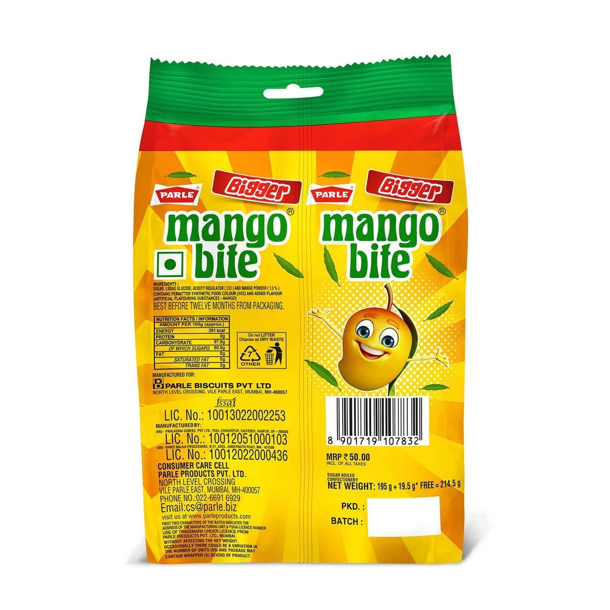 Parle Mango Bite Candy - 10.2oz Pouch (289g) | Sweet & Tangy Indian Mango Flavored Hard Candy | Bulk Pack for Parties, Gifts & Snacking