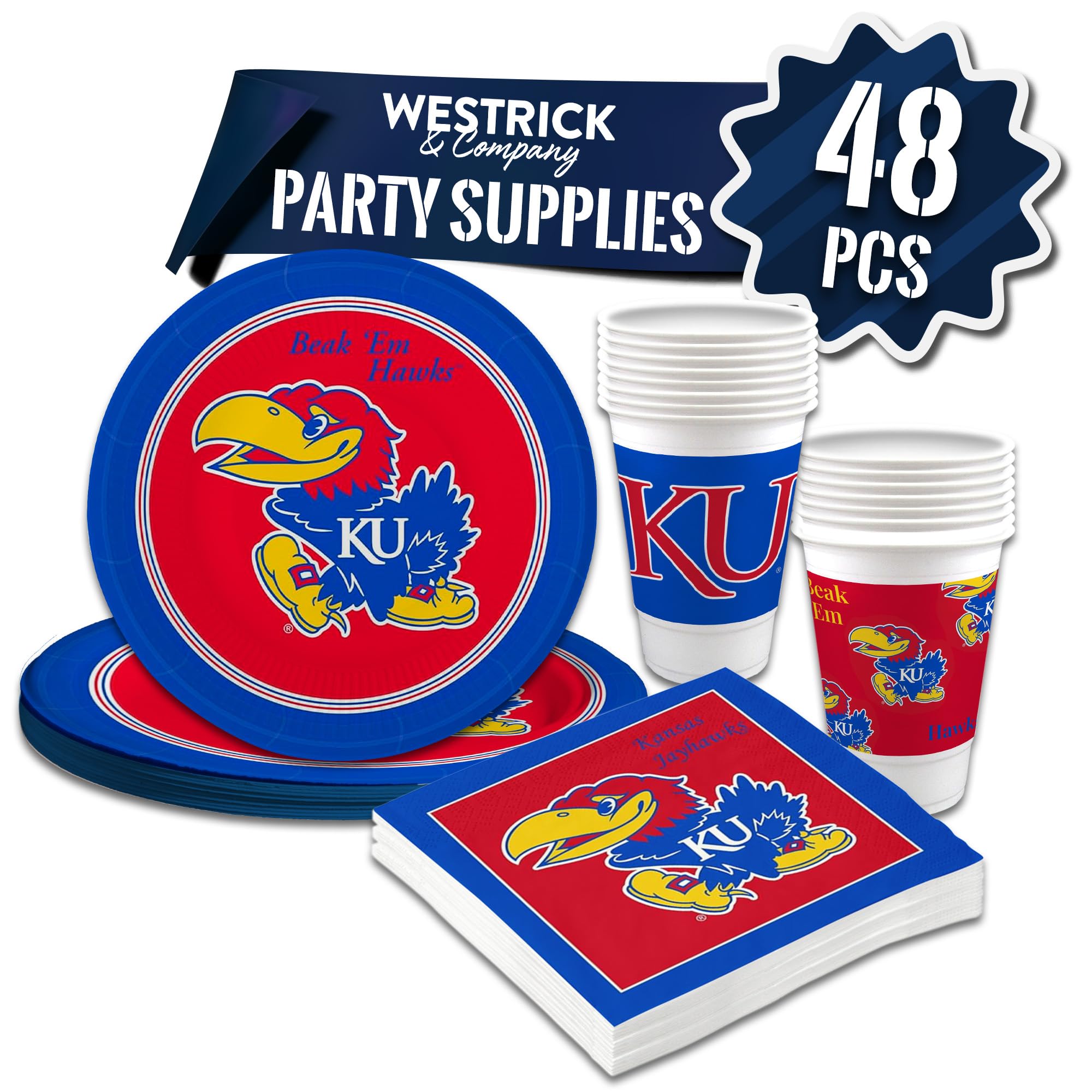 Kansas Jayhawks Party Supplies 48-Piece Officially Licensed University Set - 16 oz Plastic Cups, 9 Inch Paper Plates, Luncheon Napkins - Complete Party Pack for 16 Guests by Westrick - Perfect for Game Day, Tailgates, College Graduations & Alumni Events