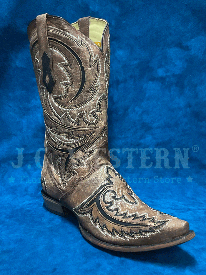 Men's Corral C4075 Western Boots - Brown Triad Embroidery Inlay Design, Comfortable Cowboy Boots for Riding, Dancing & Country Fashion