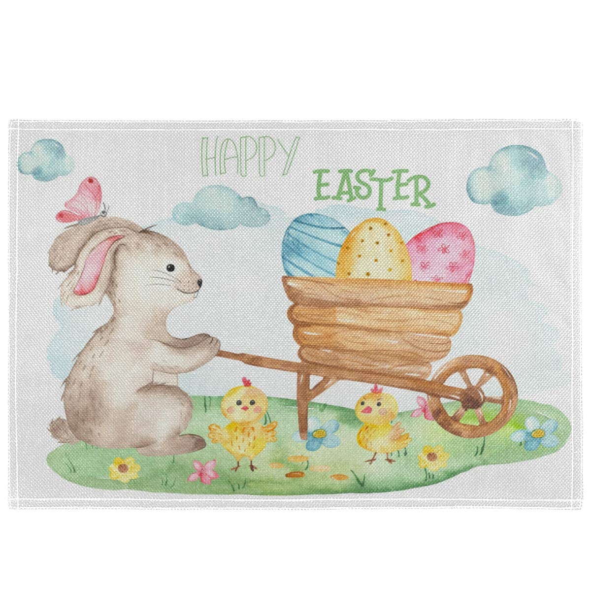 Oarencol Easter Bunny Wheelbarrow Eggs Chickens Placemat Set of 4 - Cute Rabbit Watercolor Heat-Resistant Washable Kitchen Table Mats for Dining Decor | Perfect for Easter Brunch, Spring Parties & Holiday Table Settings