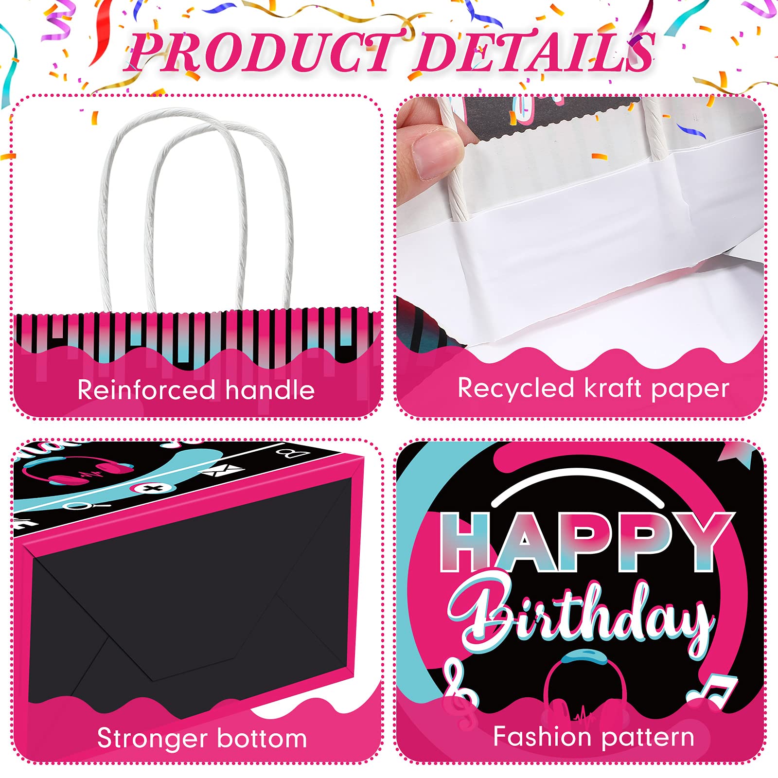 16-Piece Kraft Paper Music-Themed Gift Bags with Handles - Birthday Party Favors, Candy Treat Bags, Social Media Theme Decorations - Perfect for Birthday Parties, Baby Showers & Holiday Celebrations