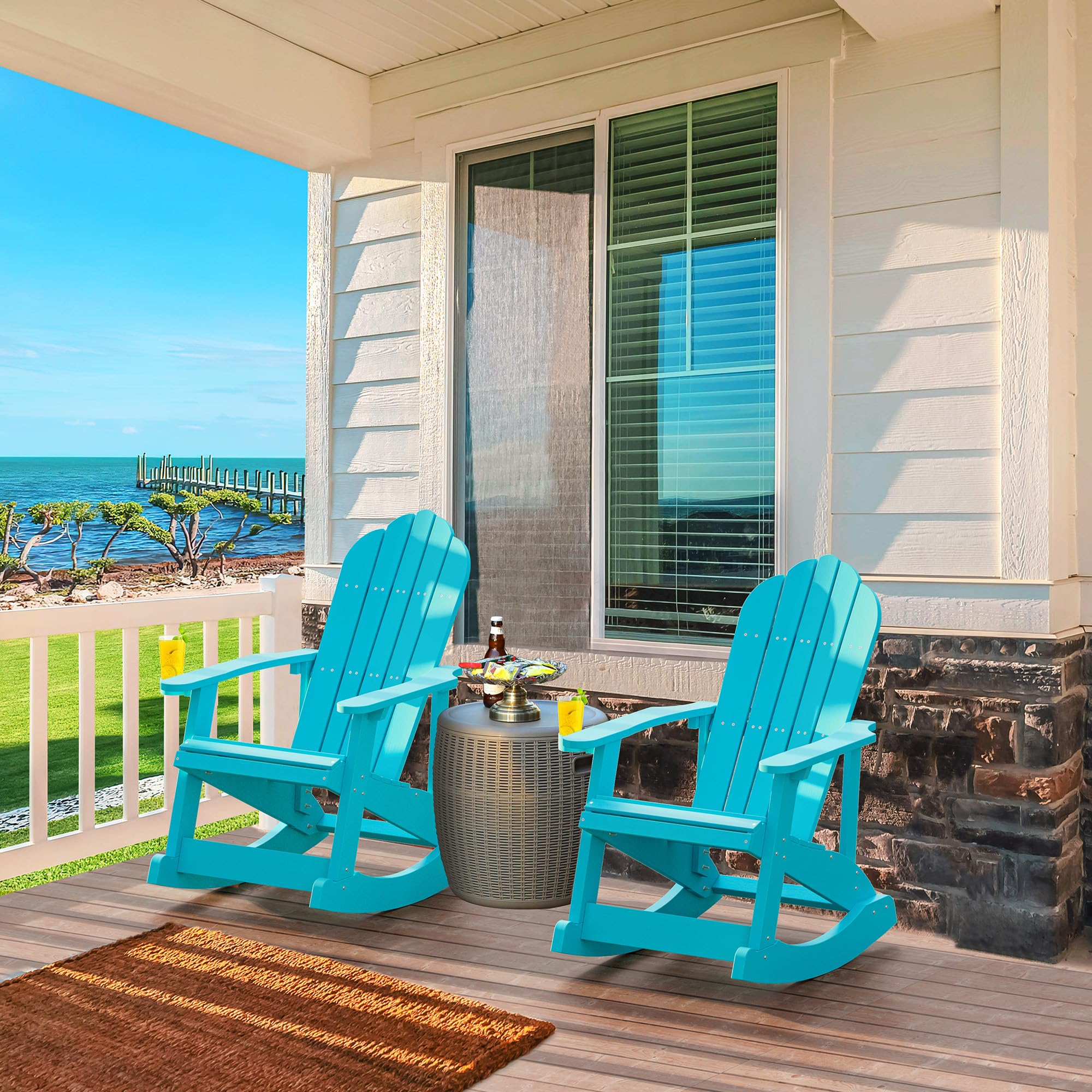 YITAHOME Heavy Duty Outdoor Rocking Adirondack Chair Set of 2 - Durable Plastic Rockers with Swivel Cup Holder, Wide Comfortable Seating for Garden, Patio, Poolside, Beach & Backyard Relaxation - Perfect for Lounging, Sunbathing and Outdoor Gatherings