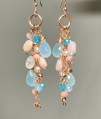 Rose Gold Filled Long Dangle Earrings with Aqua Chalcedony & Pink Opal - Elegant Boho Jewelry for Women, Perfect for Weddings, Parties & Everyday Wear