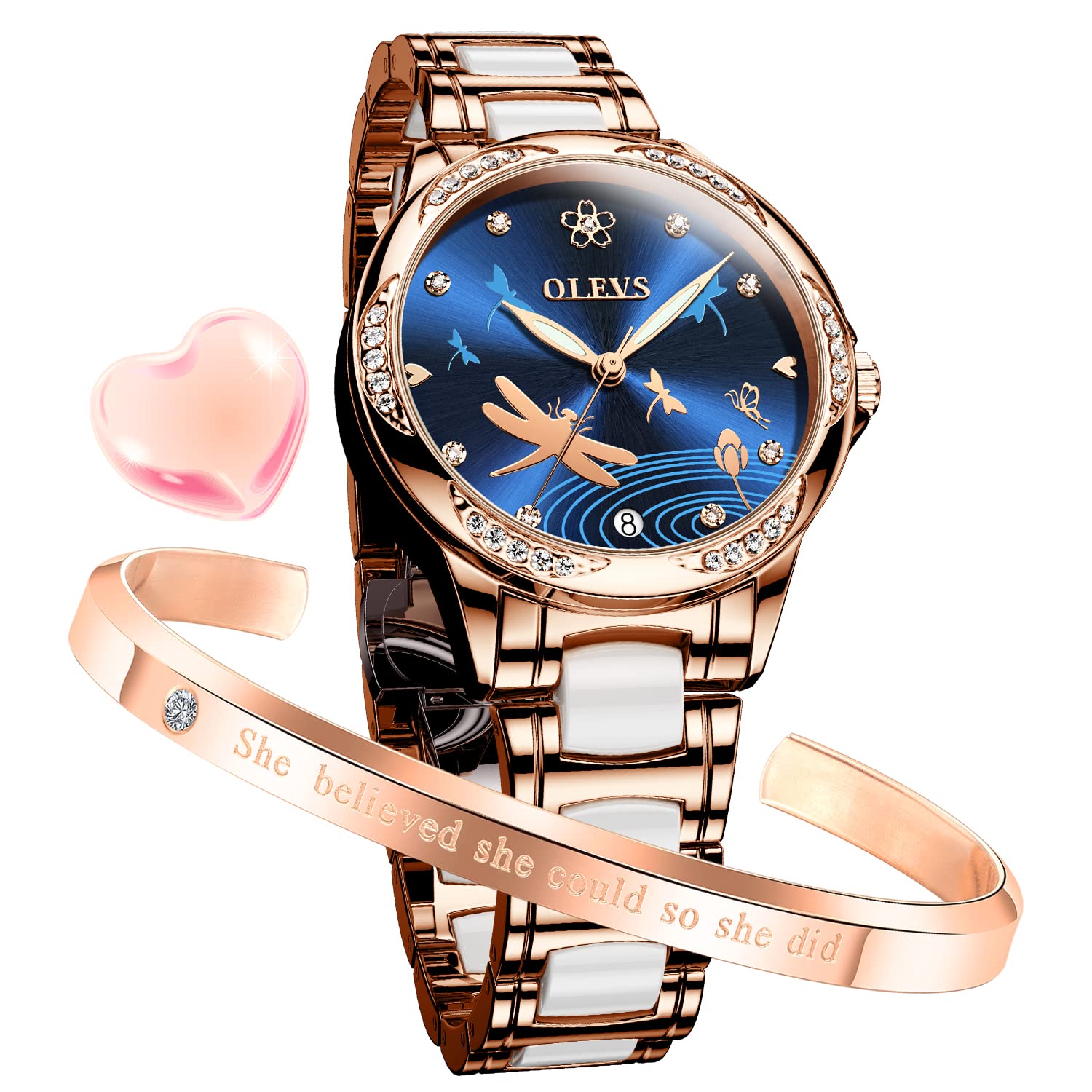 OLEVS Women's Automatic Mechanical Watch with Diamond Heart Dial, Rose Gold Ceramic Band, Waterproof & Luminous Date Display - Perfect for Daily Wear, Office, Dating & Special Occasions