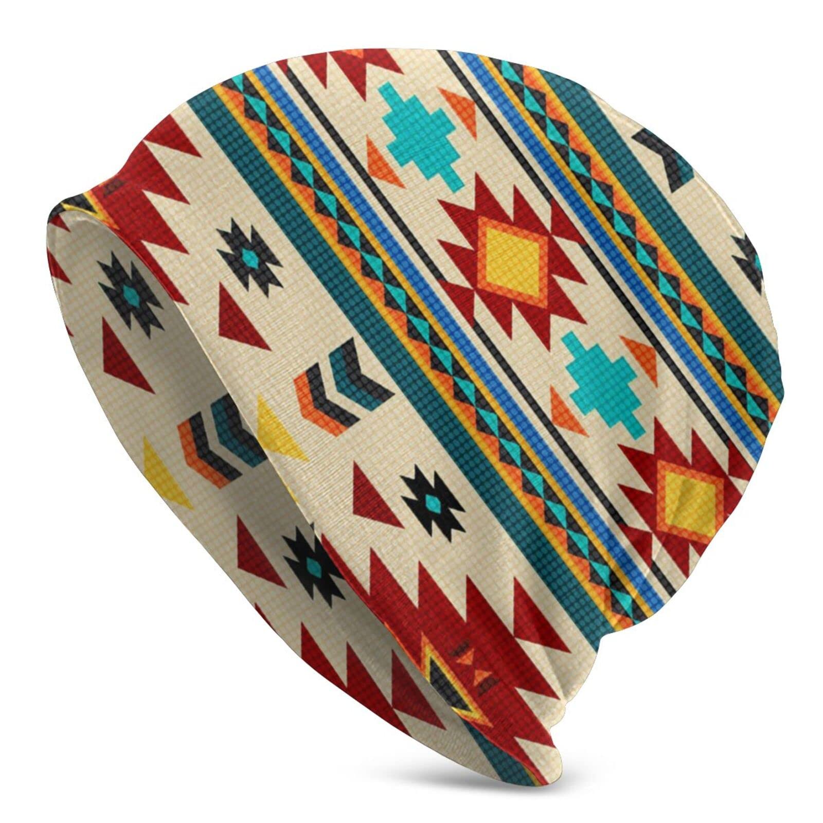 Unisex Aztec Native American Knit Beanie - Slouchy Cuff Skull Cap for Men & Women - Warm Winter & Summer Hat for Skiing, Hiking & Outdoor Activities