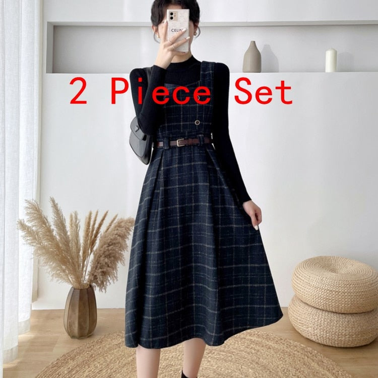 Women's 2-Piece Knit Sweater Top & Plaid Tweed Midi Dress Set - Autumn Winter Fashion Outfit for Casual Wear, Office, Dating & Holiday Parties