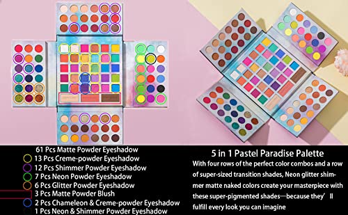 105 Colors Pastel Paradise Eyeshadow Palette - Highly Pigmented Neon Shimmer Matte Glitter Rainbow Makeup Set with 24pc Brushes | Professional Eye Shadow Powder for Party, Halloween & Daily Makeup Looks