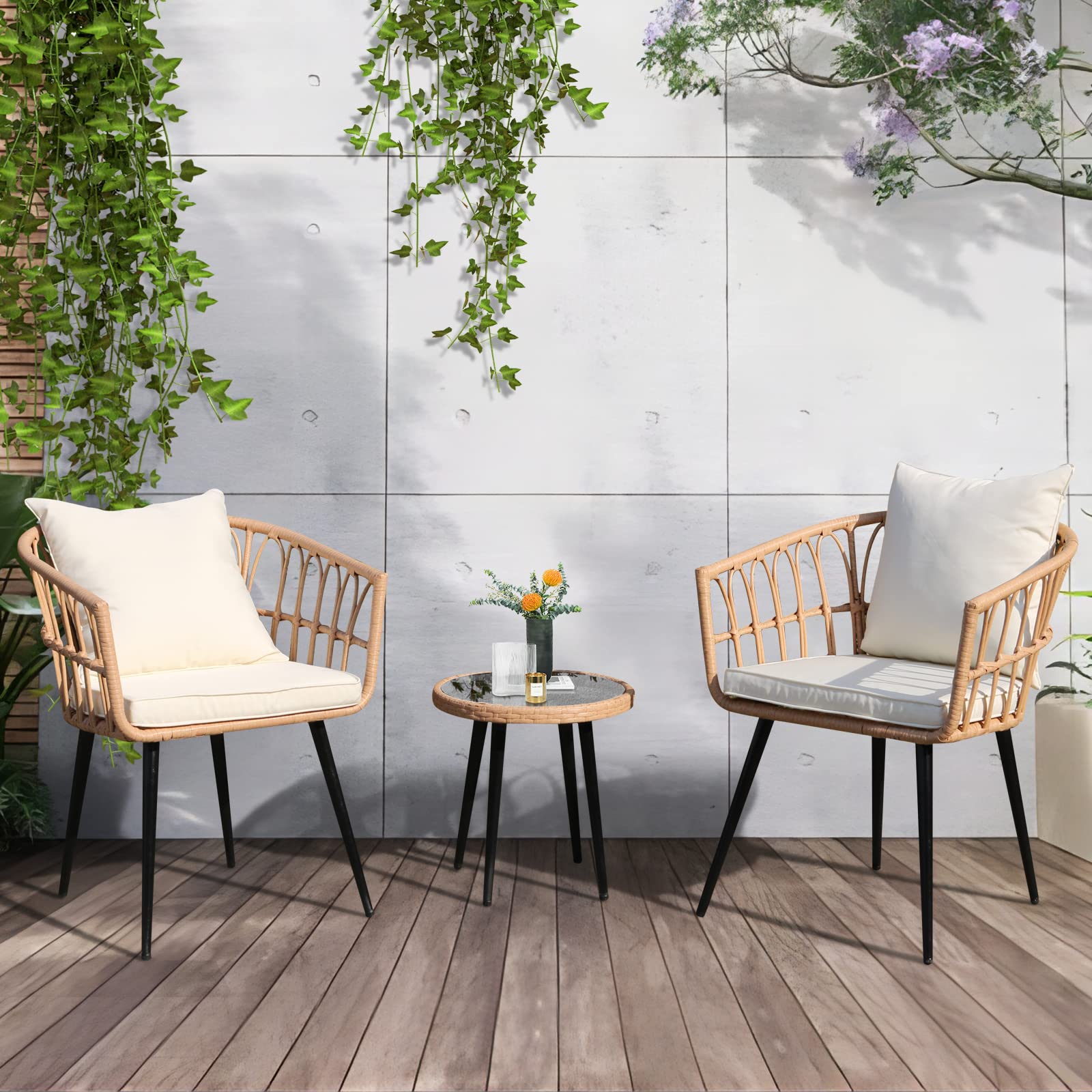 SoarFlash 3-Piece Outdoor Wicker Bistro Set with Coffee Table - Rattan Patio Furniture for Garden, Backyard, Balcony - Weather-Resistant Beige Conversation Set for Relaxing & Entertaining
