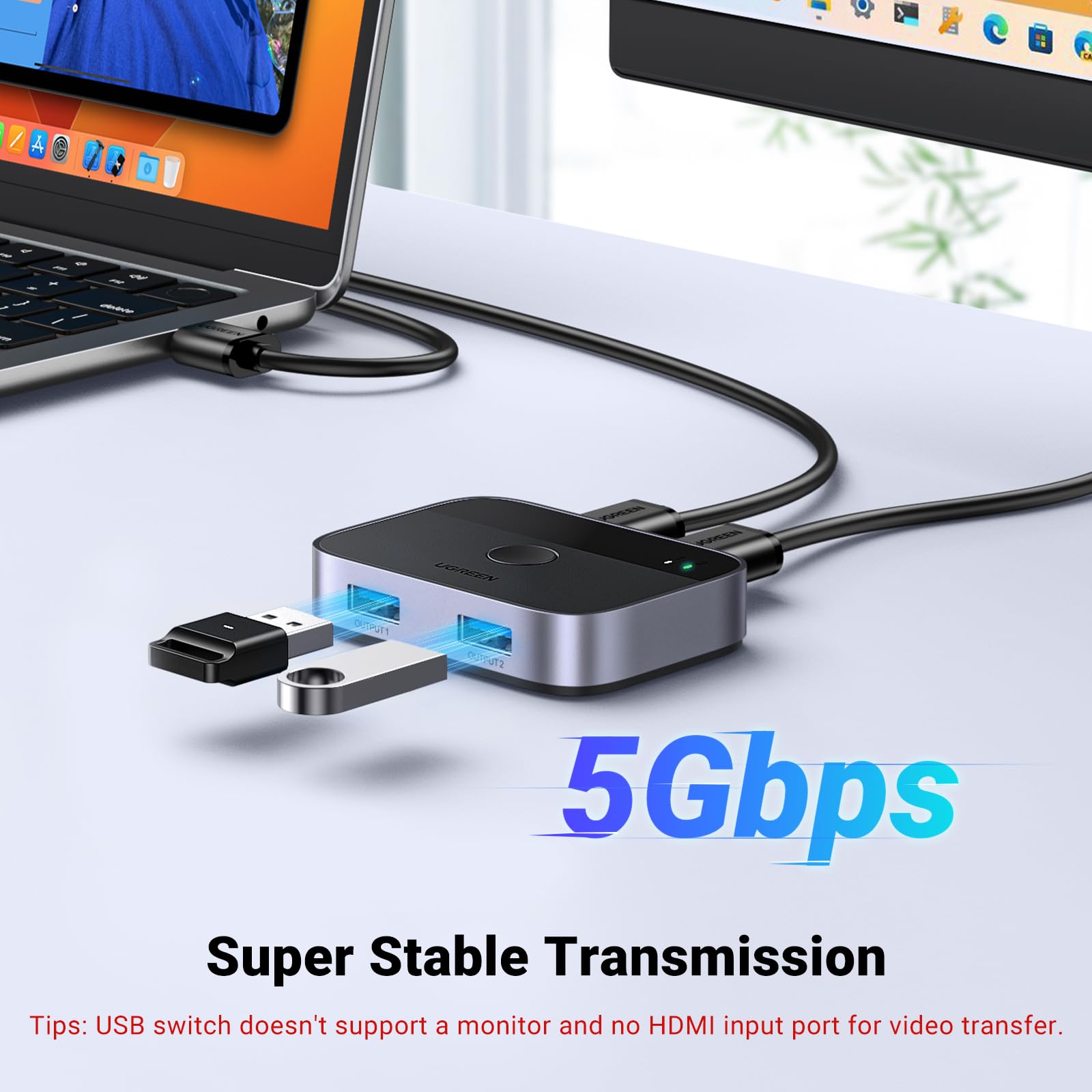 UGREEN USB 3.0 Switch 2-in-2 Out for Keyboard, Mouse & Printer Sharing - Perfect for Dual Computer Setup