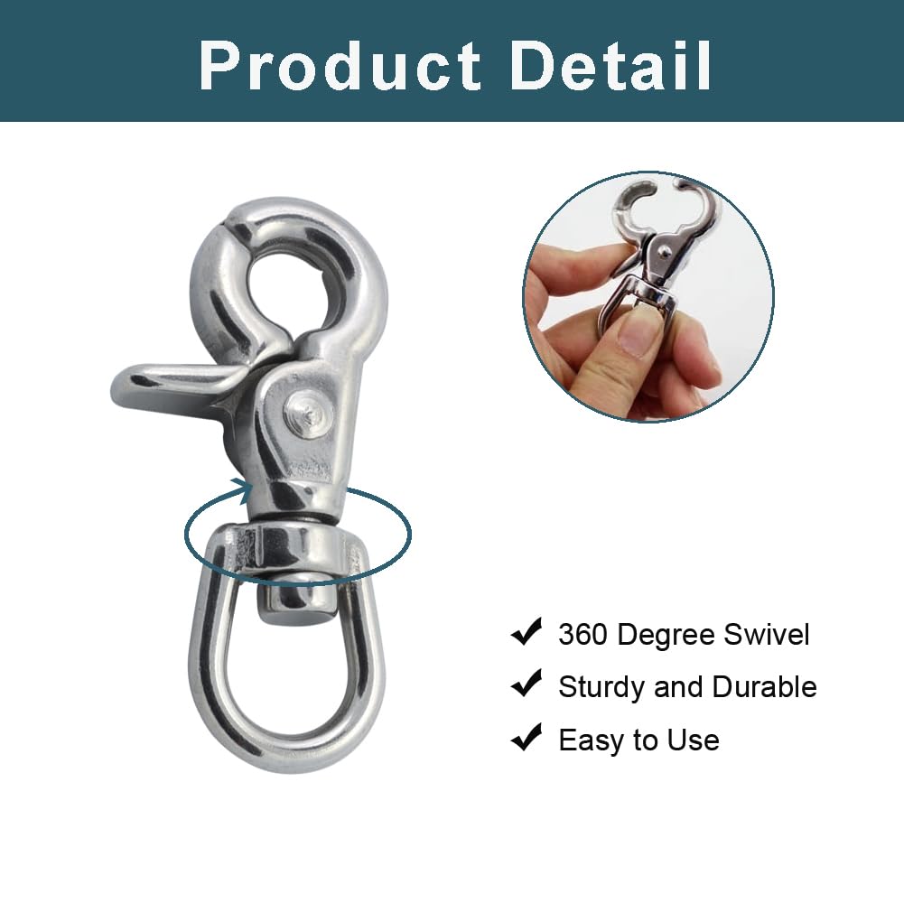 2.6 Inch 316 Stainless Steel Swivel Snap Hooks with Spring Eye - Heavy Duty Bolt Snap Trigger Hooks for Dog Leash, Keychain, Tarp Covers (2 Pack) - Perfect for Outdoor Activities, Camping Gear & Pet Accessories