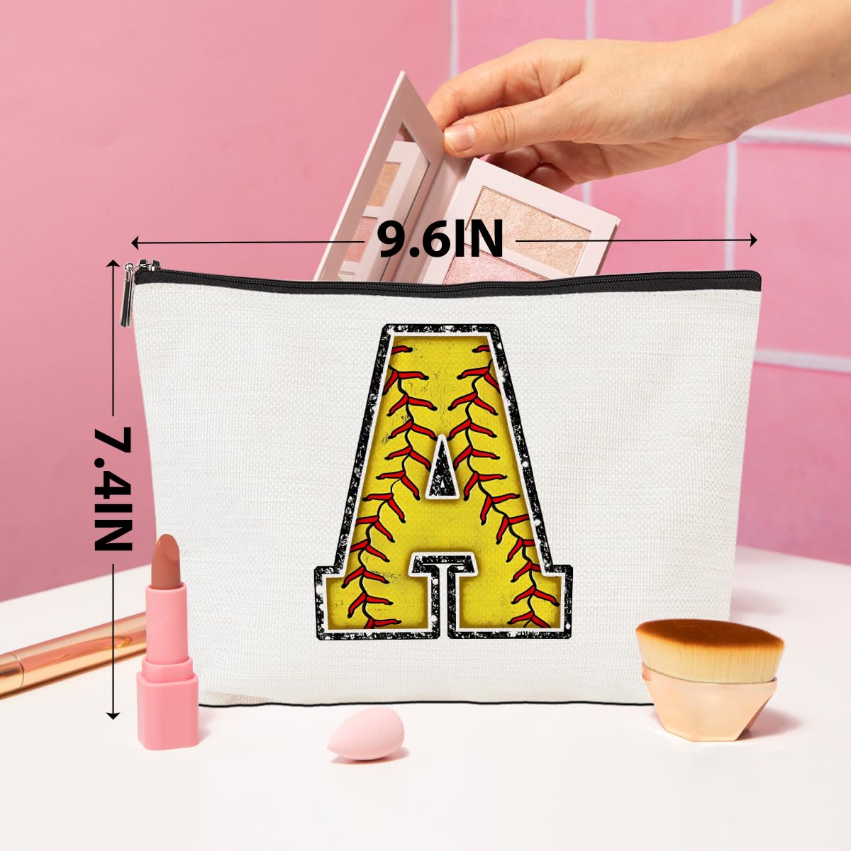 **Personalized Monogrammed Softball Cosmetic Bag with Zipper Pouch - Custom Initial Makeup Bag for Girls, Women, Softball Players & Coaches - Perfect Softball Accessories for Graduation, Birthday Gifts & Team Spirit (Great for Travel, Gym & Game Day Essentials)**