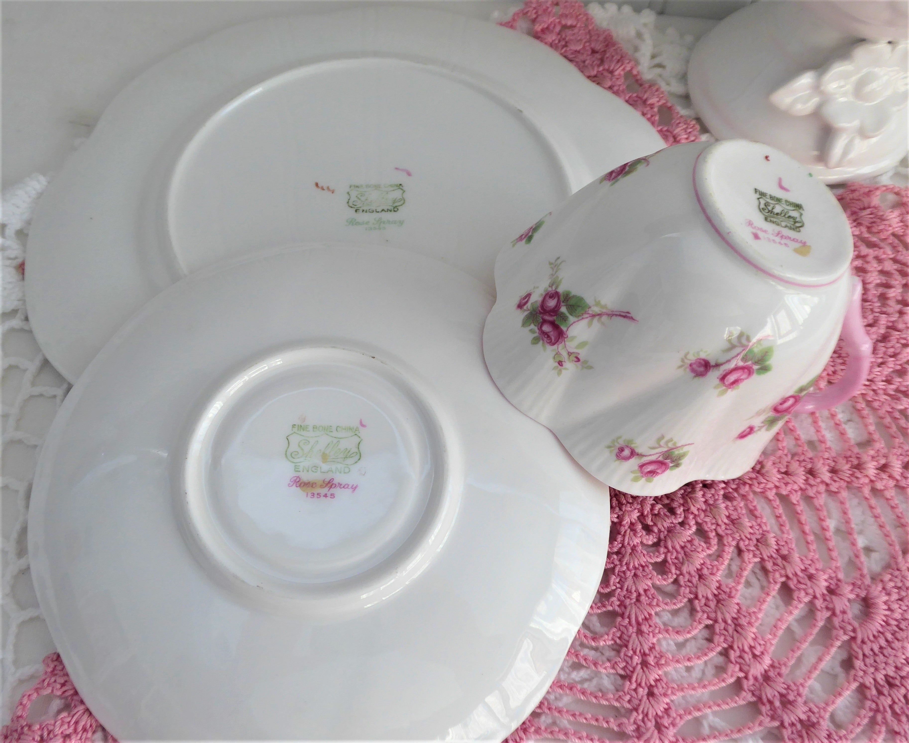 Vintage Shelley Dainty Bridal Rose Teacup Trio Set with Saucer and Matching Plate - 1950s English Bone China for Afternoon Tea, Bridal Shower, and Wedding Gift