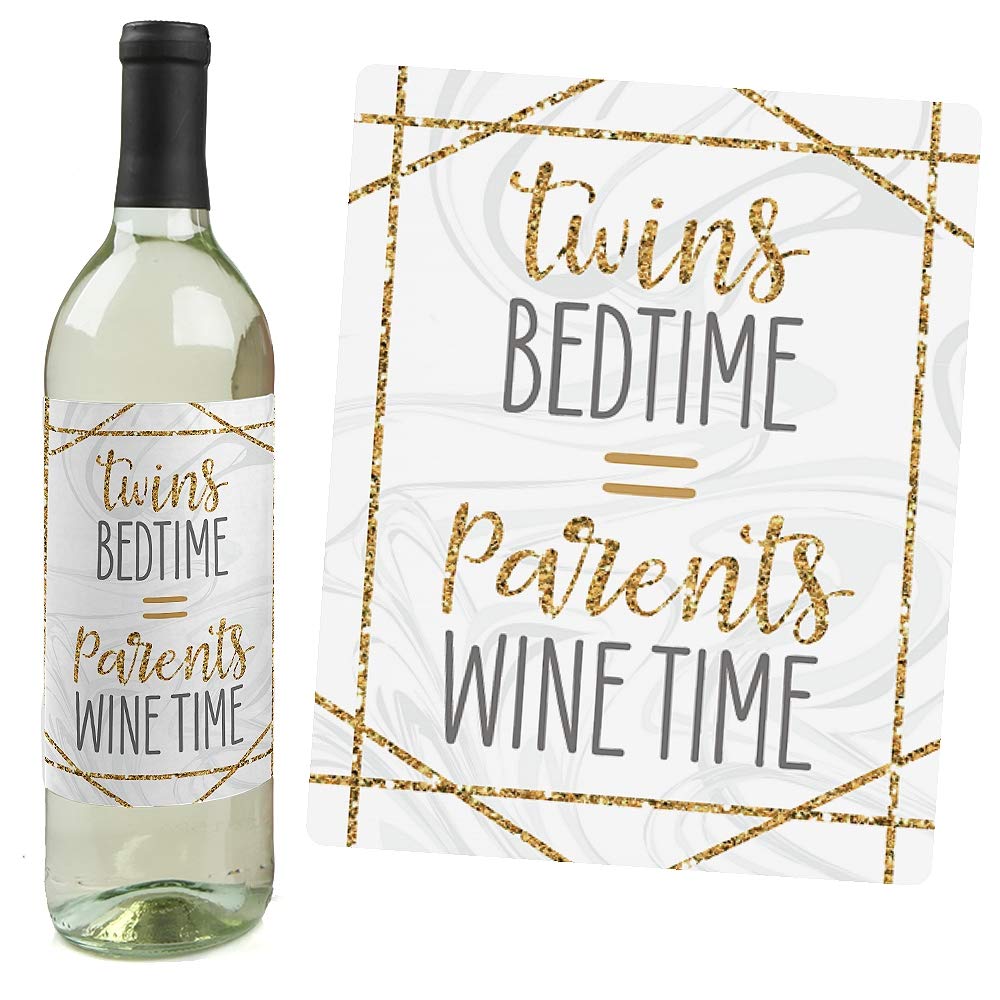 Big Dot of Happiness It's Twins - Gold Baby Shower Decorations for Women & Men - 4-Pack Wine Bottle Label Stickers | Perfect for Gender Reveal Parties & Newborn Celebrations