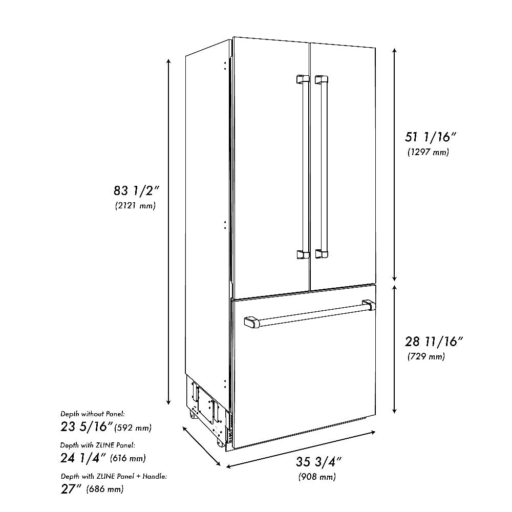 ZLINE Autograph Edition 36 Inch French Door Built-In Refrigerator with Bottom Freezer - 19.6 cu.ft Capacity, Stainless Steel with Polished Gold Accents, Water Dispenser & Ice Maker - Perfect for Modern Kitchens & Luxury Homes (RBIVZ 304 36 G)