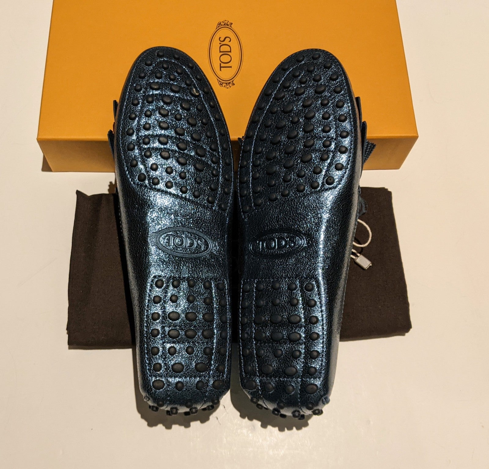 Tod's Metallic Blue Gommino Fringe Loafers for Men - Navy Blue Leather Slip-On Shoes with Tassels - Brand New in Box - Perfect for Business Casual & Office Wear