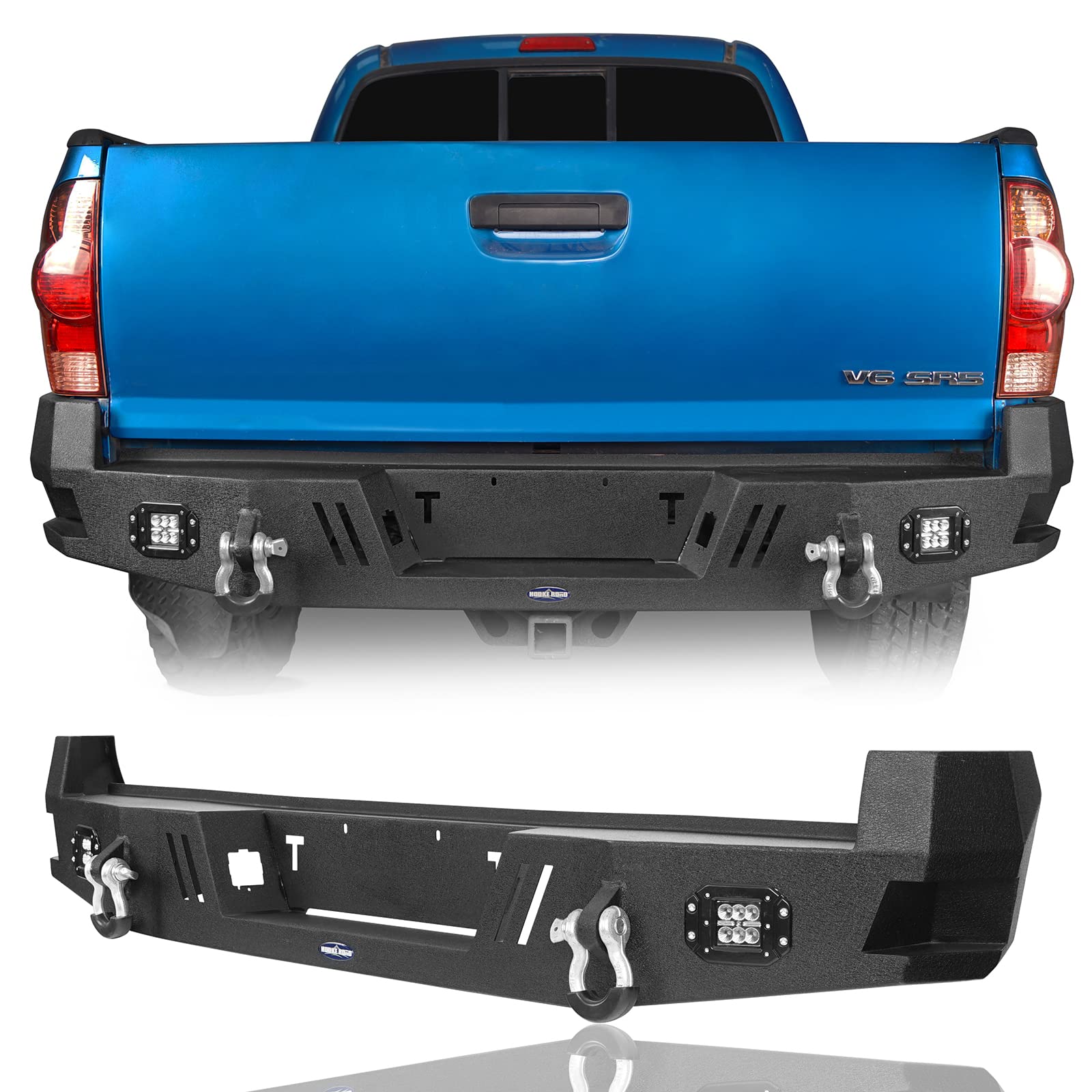 Heavy Duty Steel Rear Bumper with Step for 2005-2015 Toyota Tacoma 2nd Gen | Textured Surface | Integrated 18W LED Flood Lights & D-Ring Tow Points | Off-Road Protection & Truck Accessories (Perfect for Off-Roading, Camping & Work Trucks)