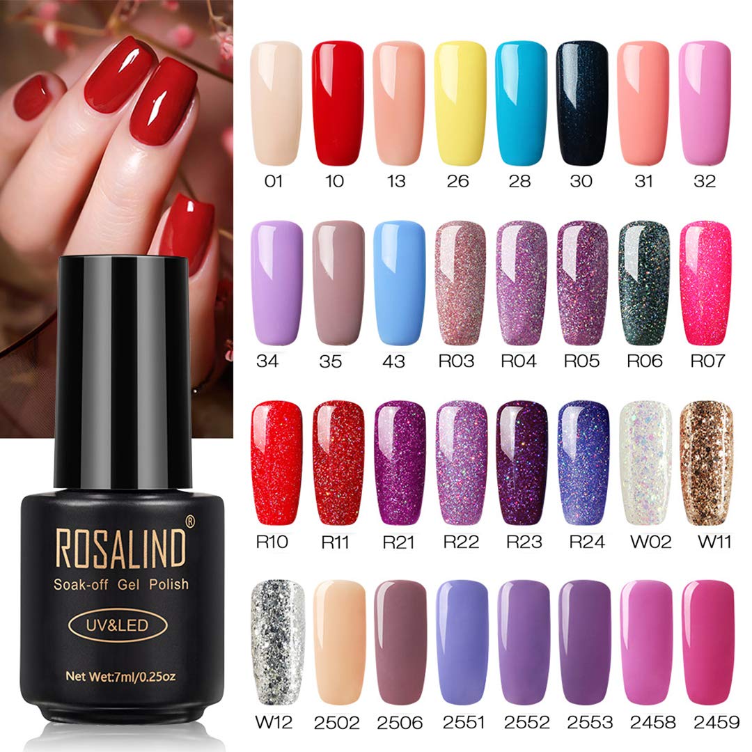 ROSALIND 32 Colors Gel Nail Polish Set - Semi-Permanent UV LED Soak Off Varnish for Salon & Home Manicure - Long Lasting Nail Art Kit with Glossy Finish (Perfect for Parties, Weddings & Daily Wear)