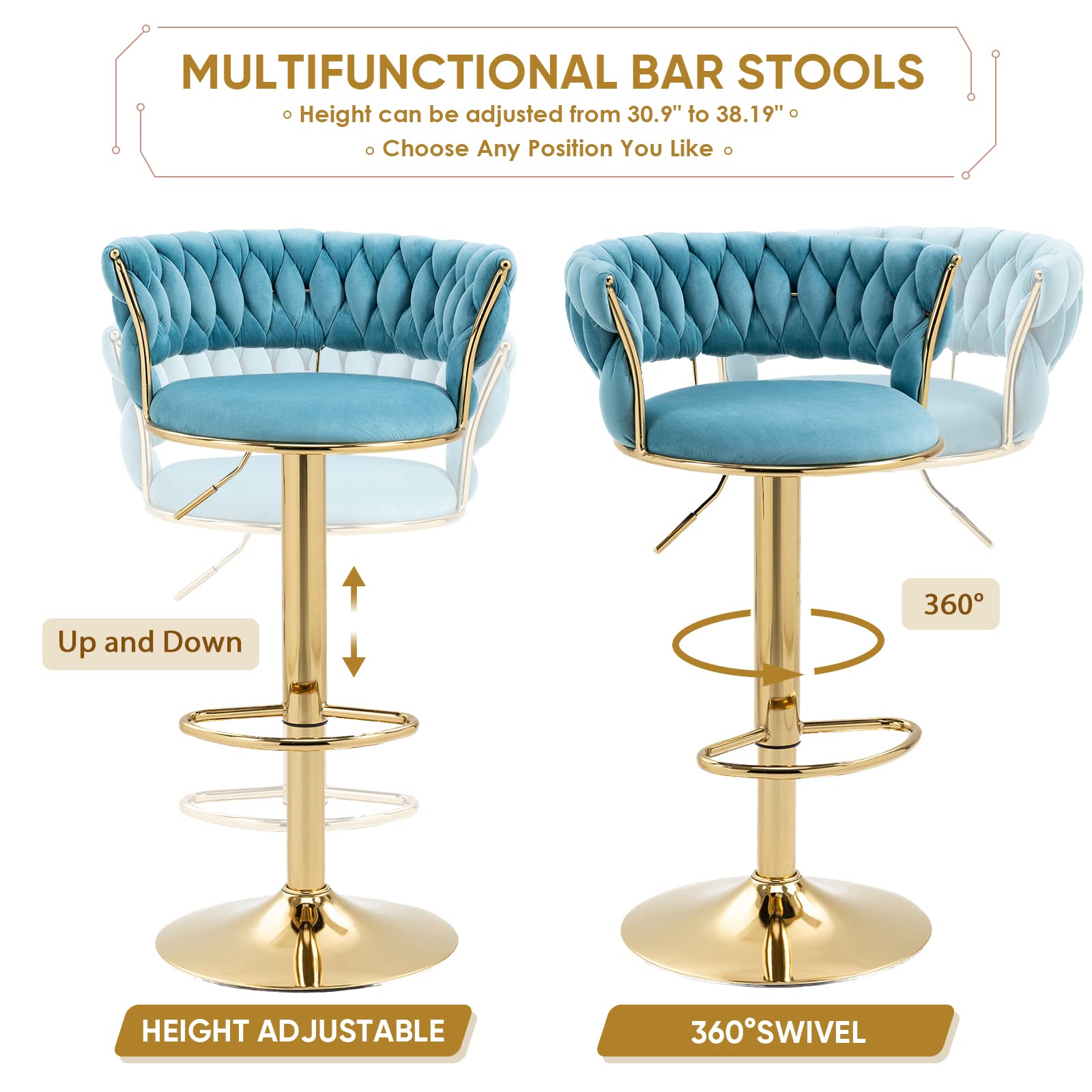 KINFFICT Velvet Swivel Bar Stool - Adjustable Height Counter Stool with Woven Back, Upholstered Kitchen & Dining Chair, Modern Barstool for Home Kitchen Island, Cafe, Pub & Bar Counter (Blue) - Perfect for Entertaining, Breakfast Nooks & Small Spaces