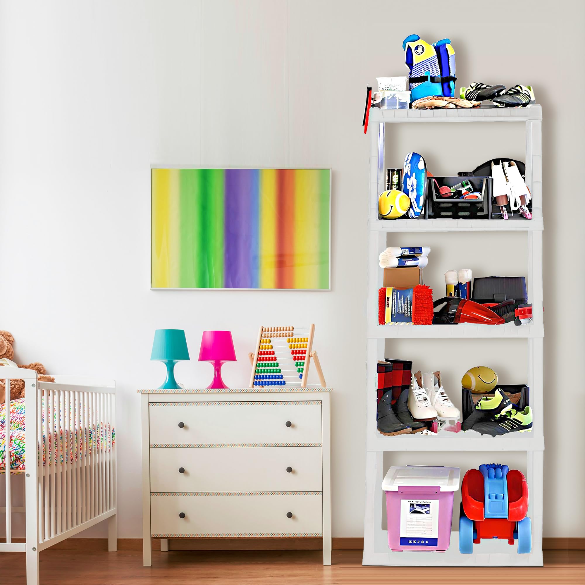 Koolatron 5-Tier Heavy Duty Plastic Storage Shelf - White Garage Shelving Unit with Adjustable Racks - Ideal for Garage, Shed, Basement & Closet Organization - Perfect for Storing Tools, Sports Equipment & Household Items