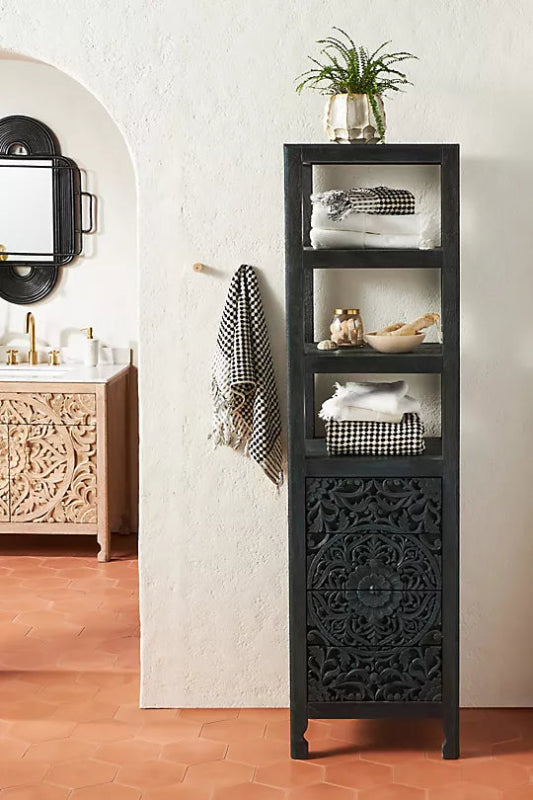 Hand Carved Black Floral Design Wooden Storage Cabinet with 3 Shelves & 4 Drawers - Vintage Home Decor for Living Room, Bedroom or Office Organization