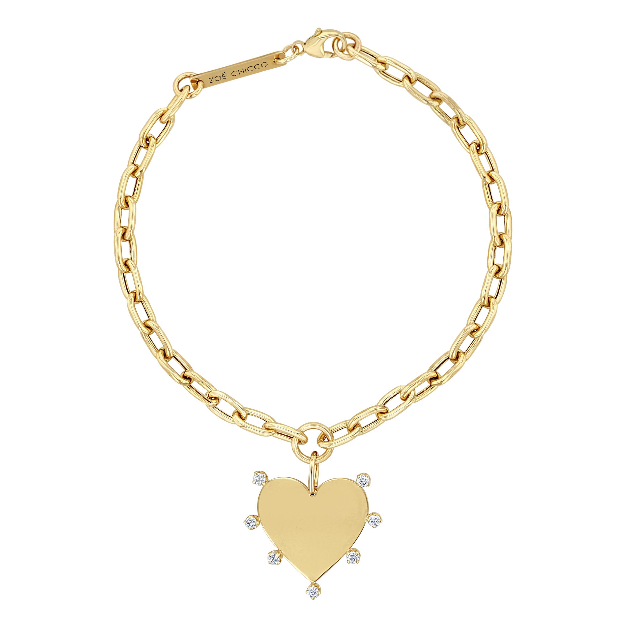 14K Gold 7 Prong Diamond Heart Charm Bracelet - Medium Square Oval Chain for Women, Perfect for Valentine's Day Gifts & Anniversary Jewelry