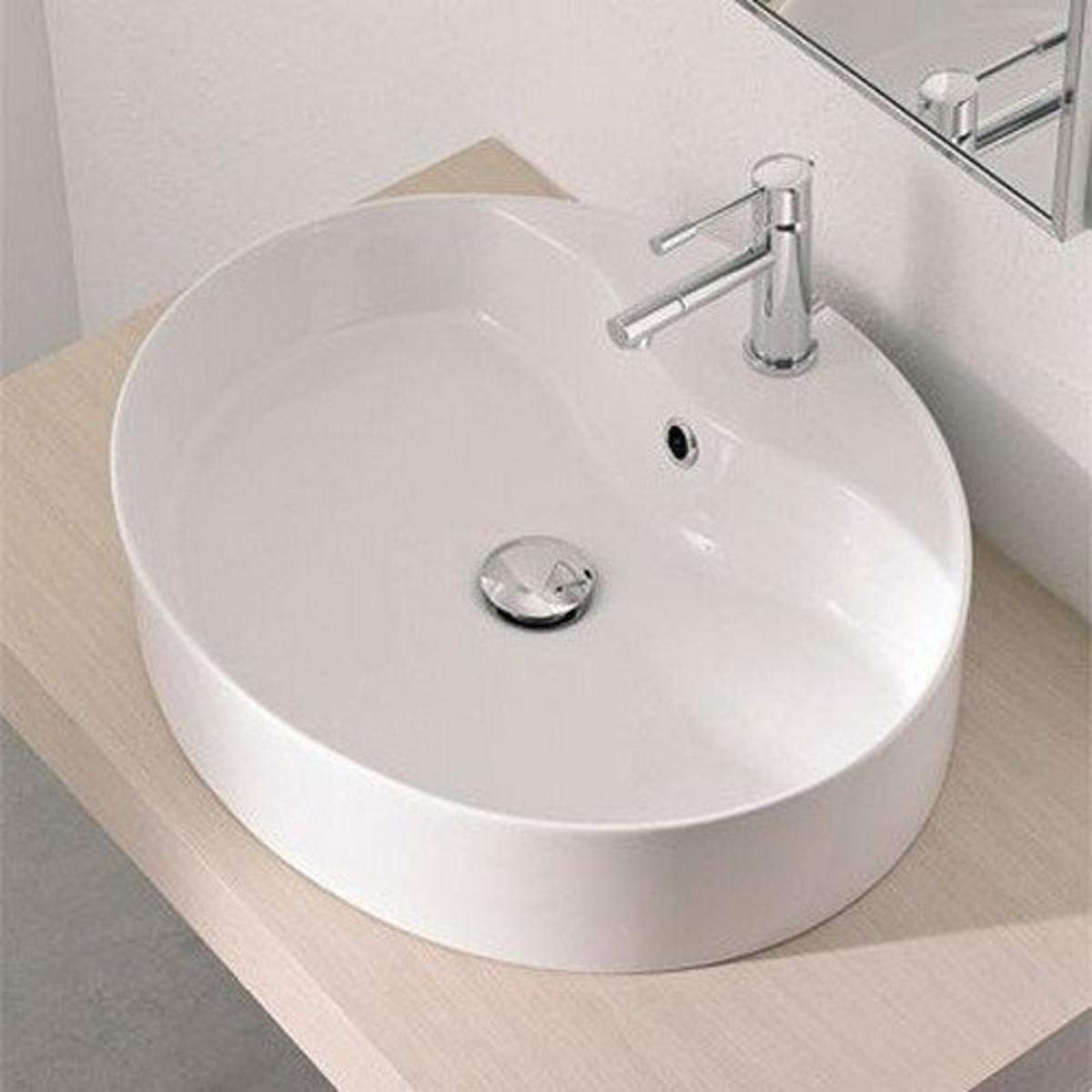 Scarabeo 8030/R-One Hole Wind Oval Ceramic Vessel Bathroom Sink in White - Modern Oval Basin for Powder Room, Guest Bath, or Master Bath Vanity
