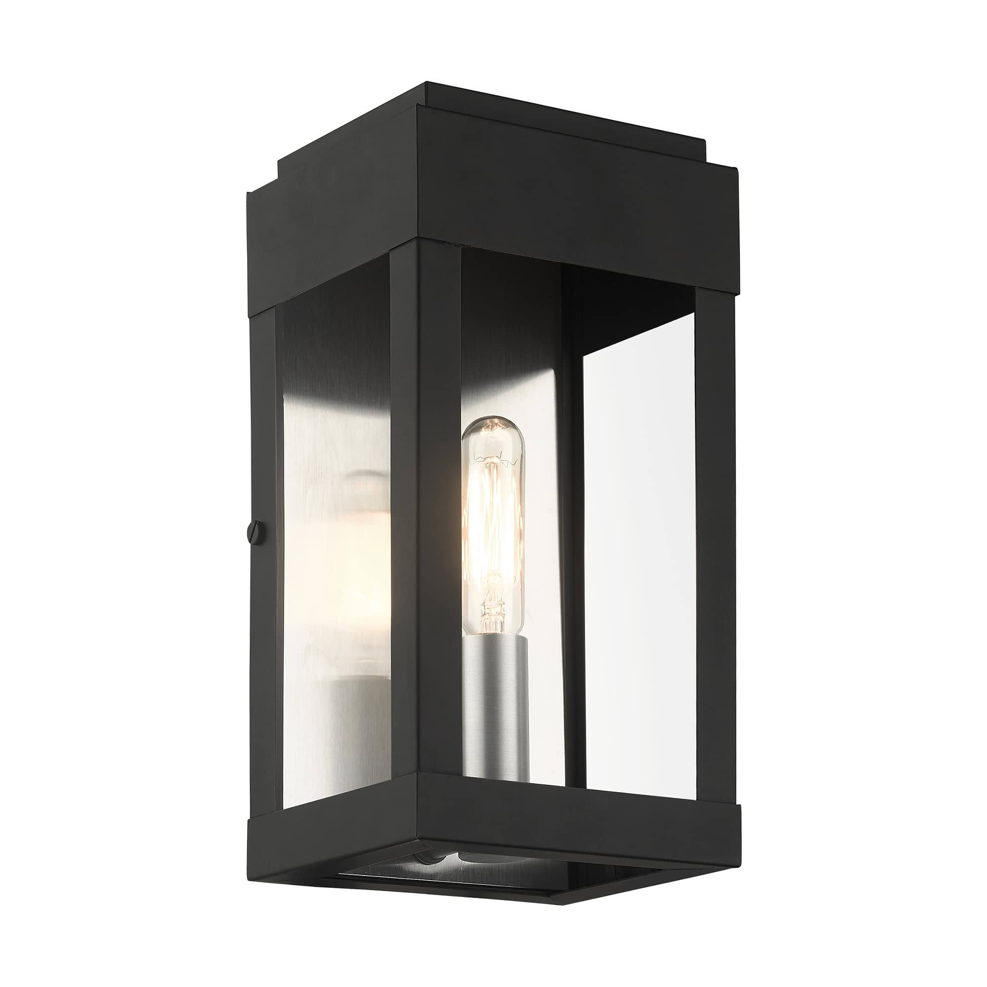 Livex Lighting 21231-04 York 1 Light Outdoor Wall Lantern - Black with Brushed Nickel Finish, ADA Compliant, Stainless Steel Reflector - Perfect for Porch, Patio, and Garden Lighting