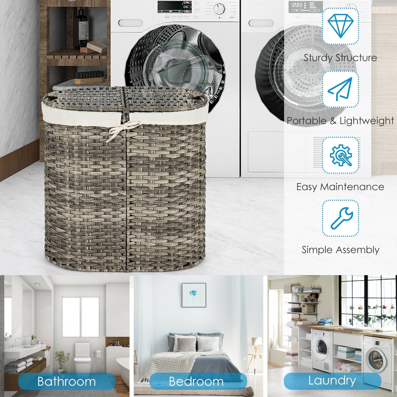 Handwoven Laundry Hamper Basket with 2 Removable Liner Bags - Gray Cotton Storage Organizer for Bedroom, Bathroom & Closet - Perfect for Dirty Clothes, Toys & Home Organization
