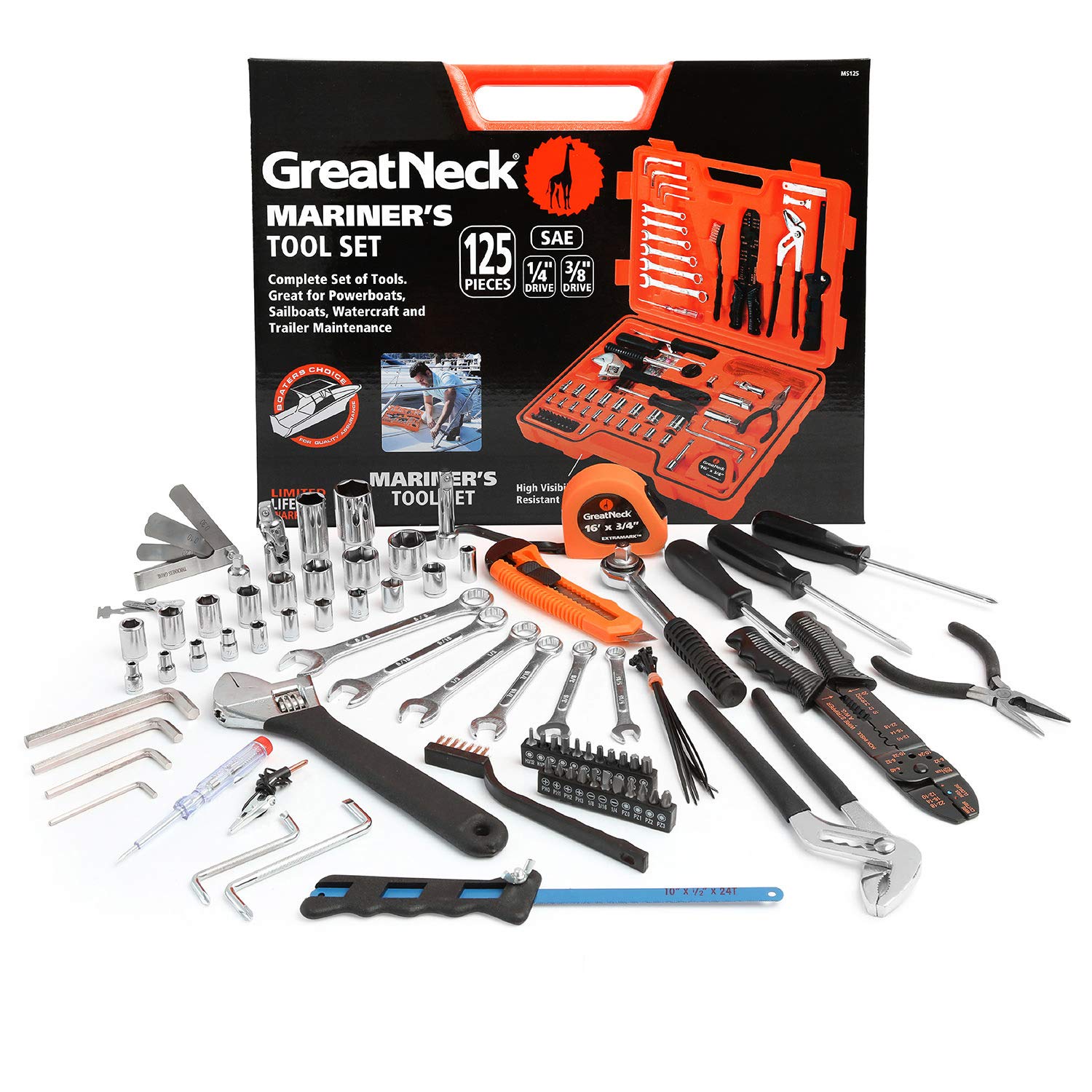 GreatNeck 125 Piece Marine Tool Set - Waterproof Boat Repair Kit with Chrome Plated Tools | Durable Water Resistant Case | Perfect for Emergency Boat Repairs, Marine Maintenance & Onboard Tool Kit Needs