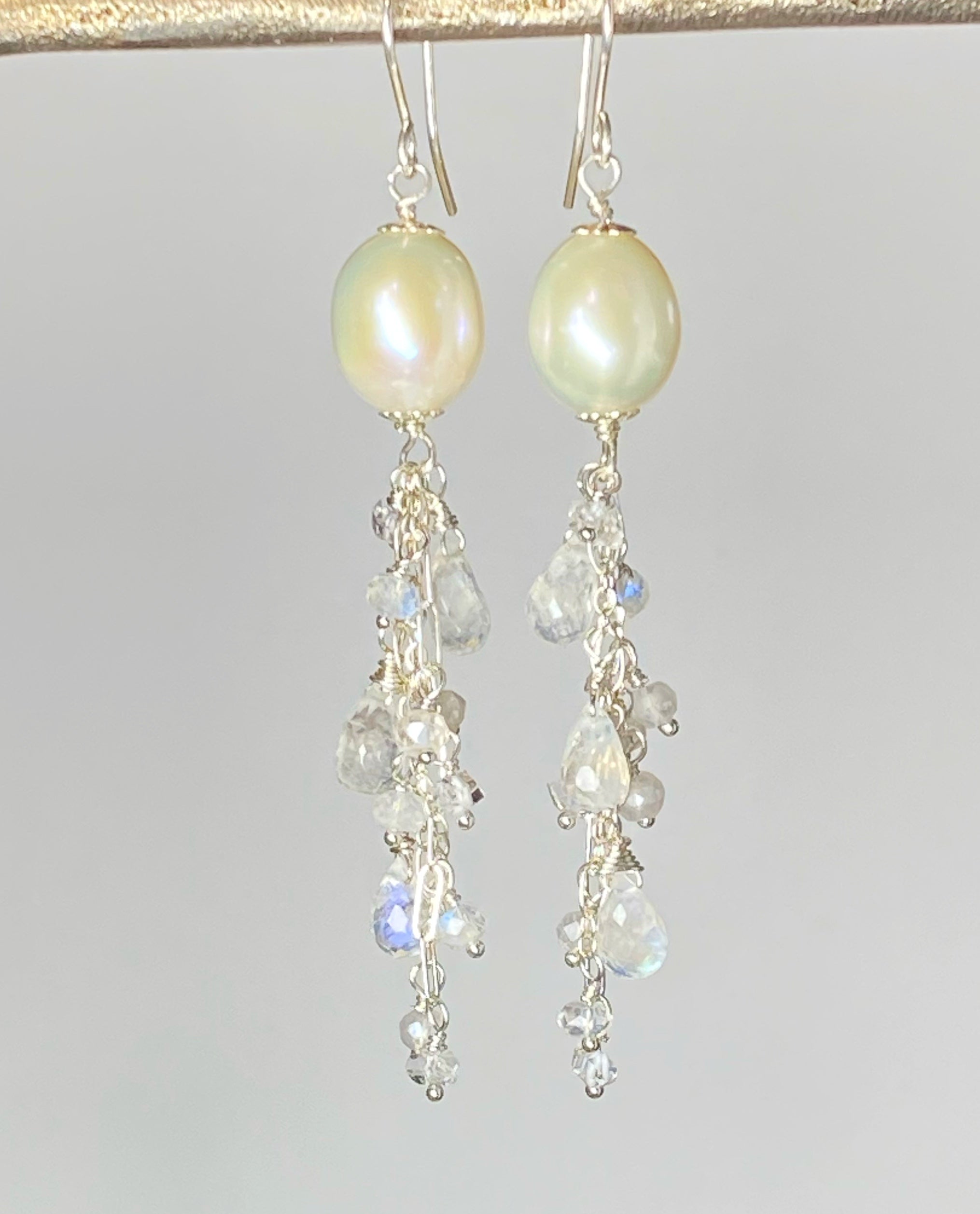 Pearl Moonstone Bridal Dangle Earrings Sterling Silver with Herkimer Diamonds - Elegant Wedding Jewelry for Brides & Special Occasions