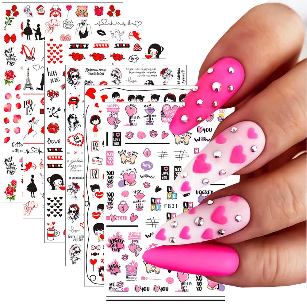 3D Heart Nail Art Stickers - Self-Adhesive Valentine's Nail Decals with Love Hearts, Lips, Roses & Letters (6 Sheets) | Perfect for Romantic Nail Designs, Valentine's Day Gifts & DIY Nail Art Decorations