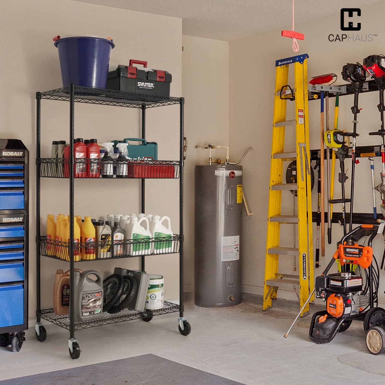 CAPHAUS NSF Certified Commercial Heavy Duty 4-Tier Wire Shelving with 2 Trapezoid Baskets, Wheels & Leveling Feet - Black Metal Storage Shelf for Garage, Basement, Warehouse & Utility Room Organization
