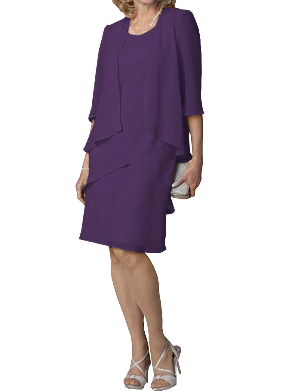 Elegant Mother of The Bride Dresses - Short Formal Evening Gown with 3/4 Sleeve Chiffon Jacket & Tiered Skirt | Perfect for Weddings, Receptions & Special Occasions