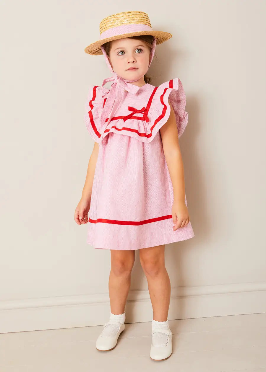 Lawrence Striped Ruffle Bib Sleeveless Dress for Girls - Red (Size 12 Months to 8 Years) | Casual Summer Outfit, Birthday Party Dress, Photoshoot Outfit, Playdate Attire