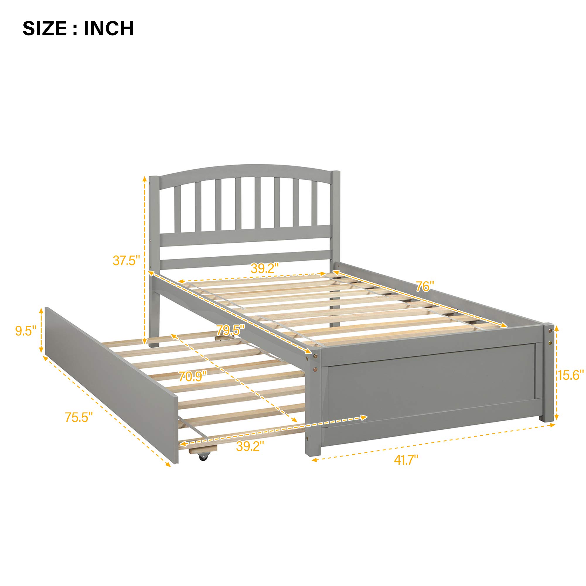 Twin Size Wood Platform Bed Frame with Headboard & Trundle - No Box Spring Needed, Gray - Perfect for Kids' Rooms, Guest Bedrooms & Small Spaces