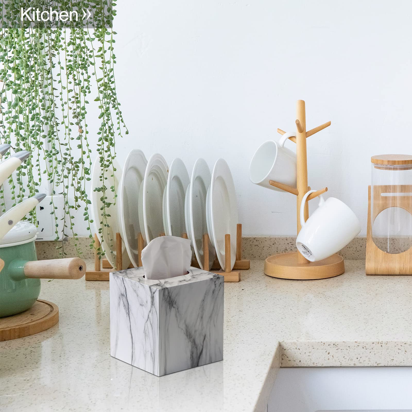 Modern Metal Square Tissue Box Cover - Elegant Marble White Facial Tissue Holder for Bathroom Vanity, Bedroom Dresser, Nightstand & Office Desk | Perfect for Home Decor & Gift Giving