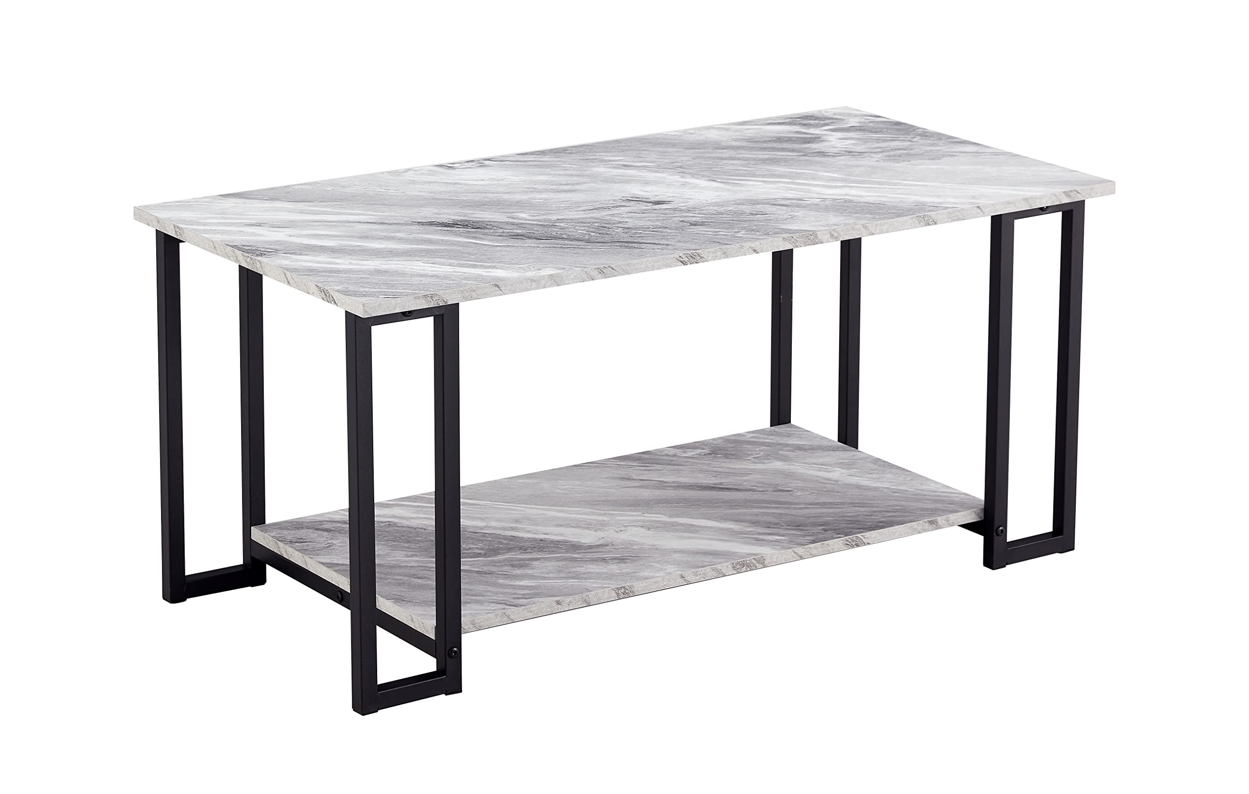 Stylish and Durable 39.37 Inch Rectangular Coffee Table with 1.5cm Thick Marble MDF Top & Iron Legs - 2-Tier Modern Design for Living Room, Office, or Dining Area (Gray Tabletop, Black Base)