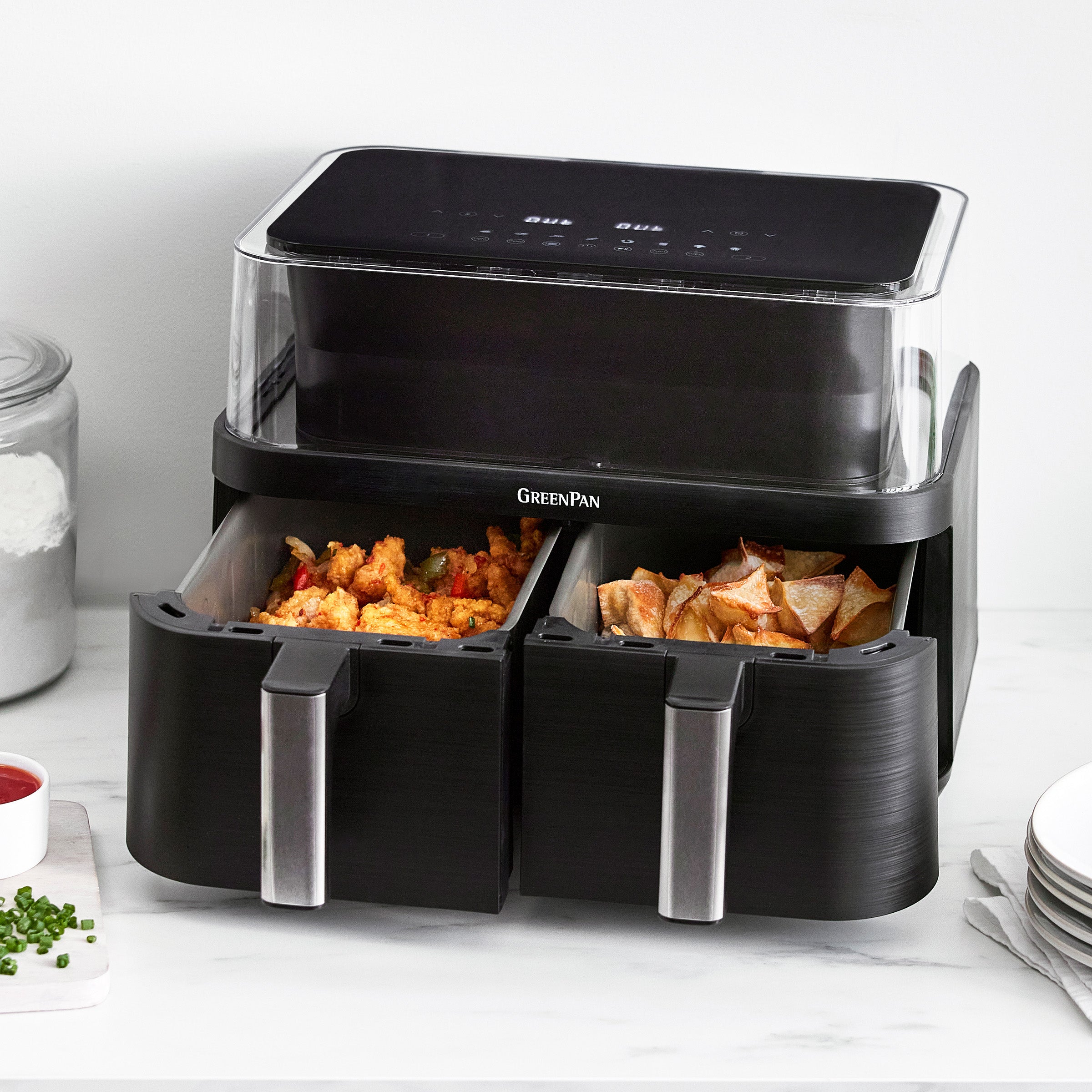 Bistro 10 Quart 360˚ Clear View Double Air Fryer - Large Capacity, Digital Touchscreen, Healthy Cooking for Family Meals, Snacks & Party Foods | Perfect for Roasting, Baking, Grilling & Reheating