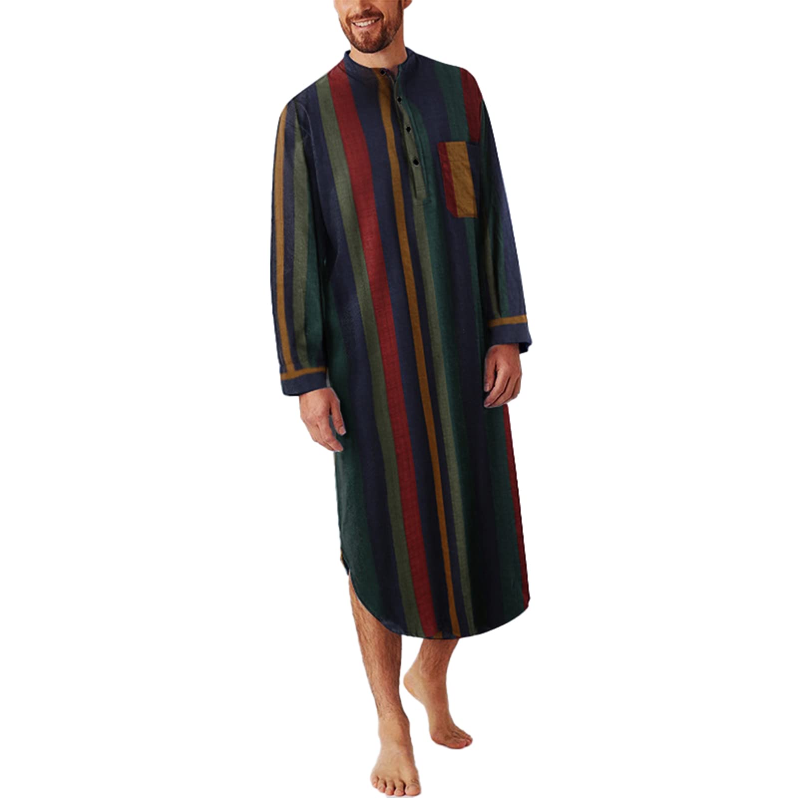 **Men's Striped Cotton Nightshirts - Plus Size Muslim Sleepwear Pajama Robe S-3XL for Comfortable Sleep & Lounge Wear**