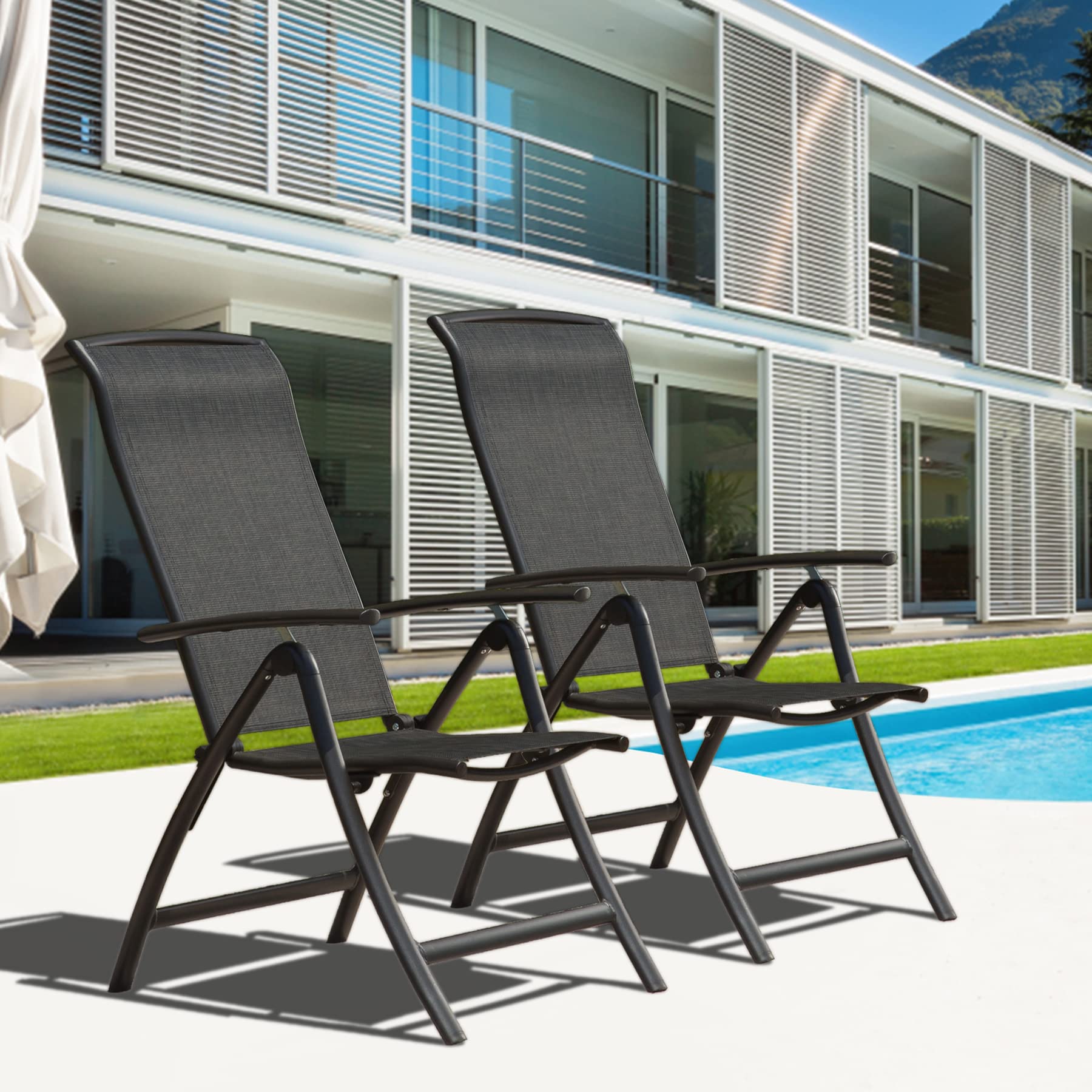 Domi Patio 2-Pack Outdoor Sling Folding Chairs - Adjustable Reclining Camping Chairs with Armrests & High Backrest - Perfect for Backyard, Poolside, Beach & Patio Relaxation