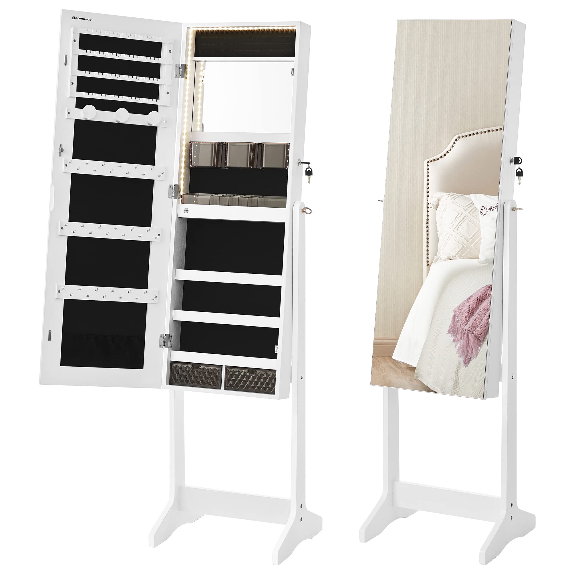 SONGMICS Full-Length LED Jewelry Cabinet with Mirror - White Standing Armoire Organizer with 2 Drawers & Lock, Frameless Design for Bedroom & Closet Storage | Perfect for Jewelry Display, Makeup Vanity & Home Decor